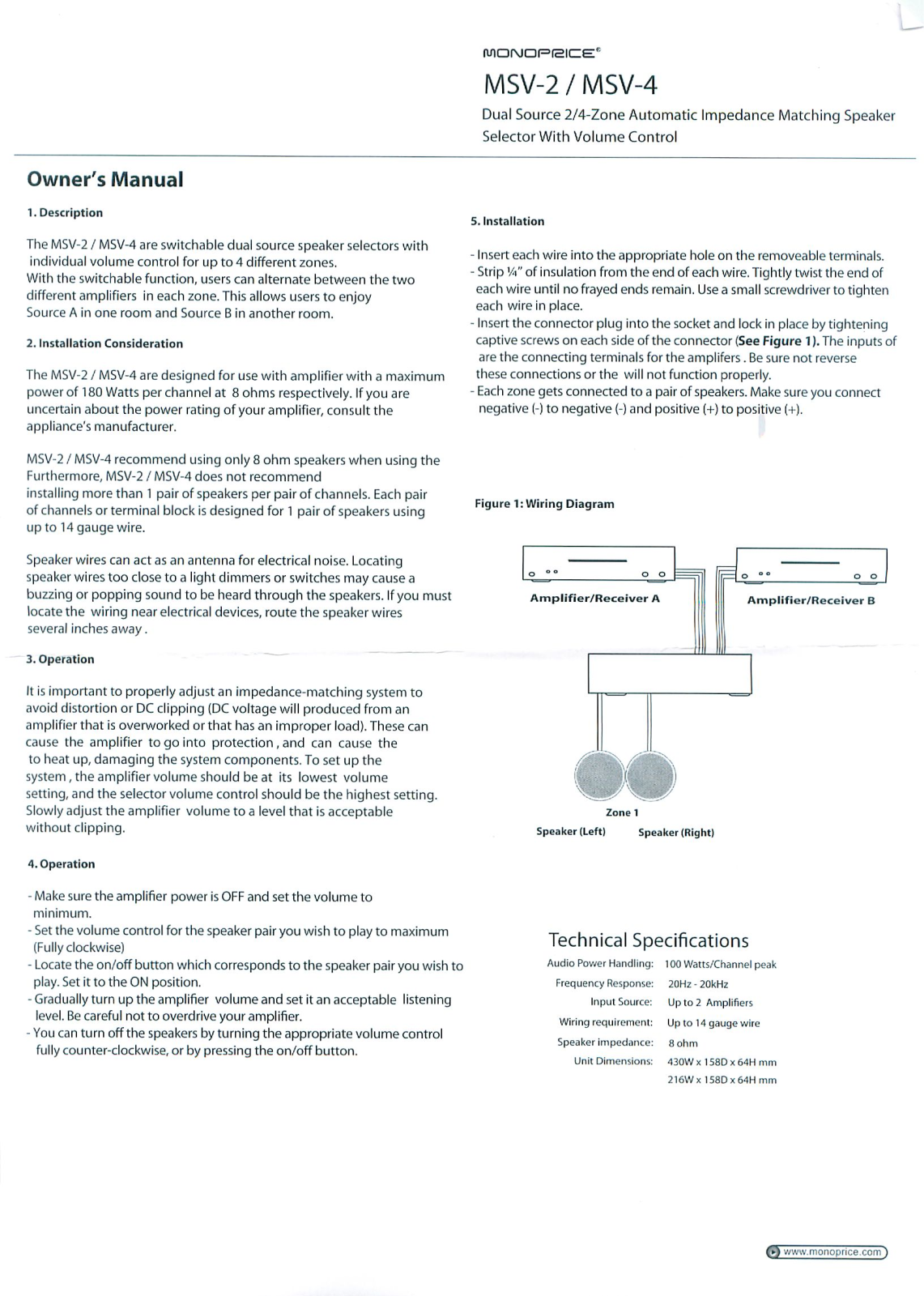 Monoprice MSV-4, MSV-2 User Manual