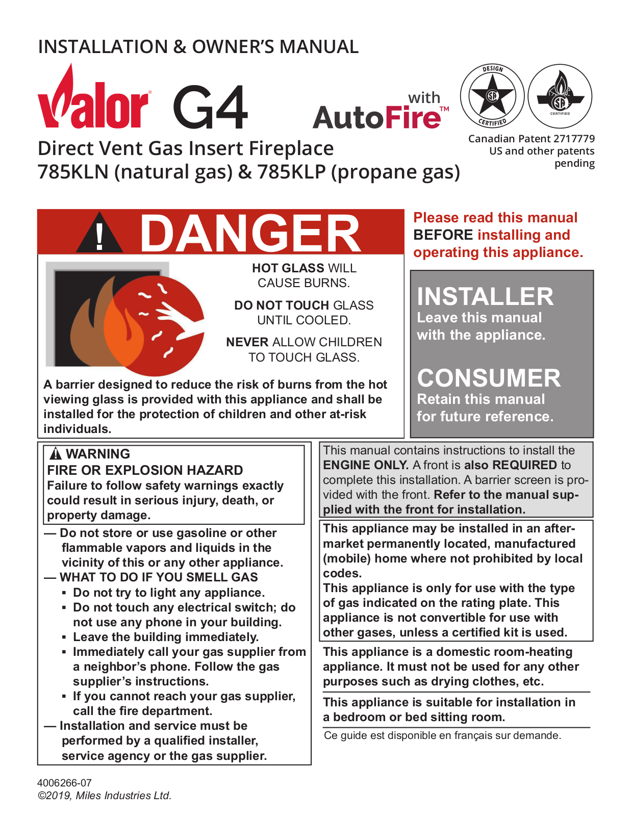 Valor G4 Series, 785KLP, 785KLN, 785YN, 785YP Installation & Owner's Manual