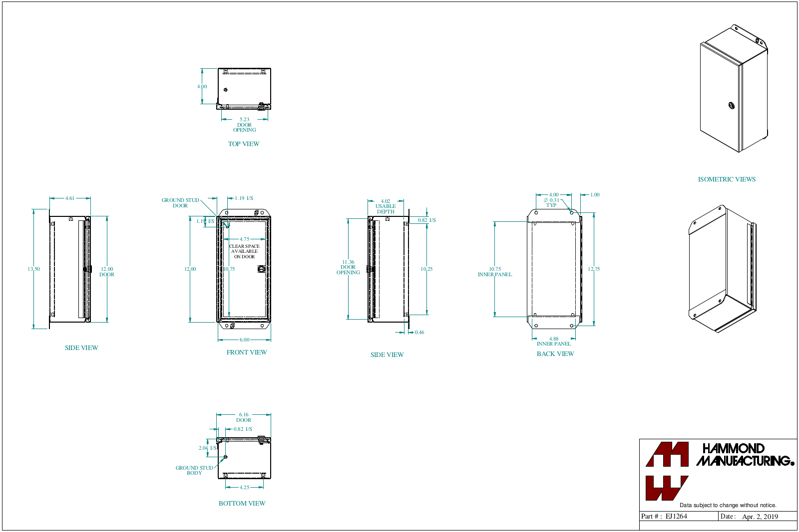 Hammond Manufacturing EJ1264 technical drawings