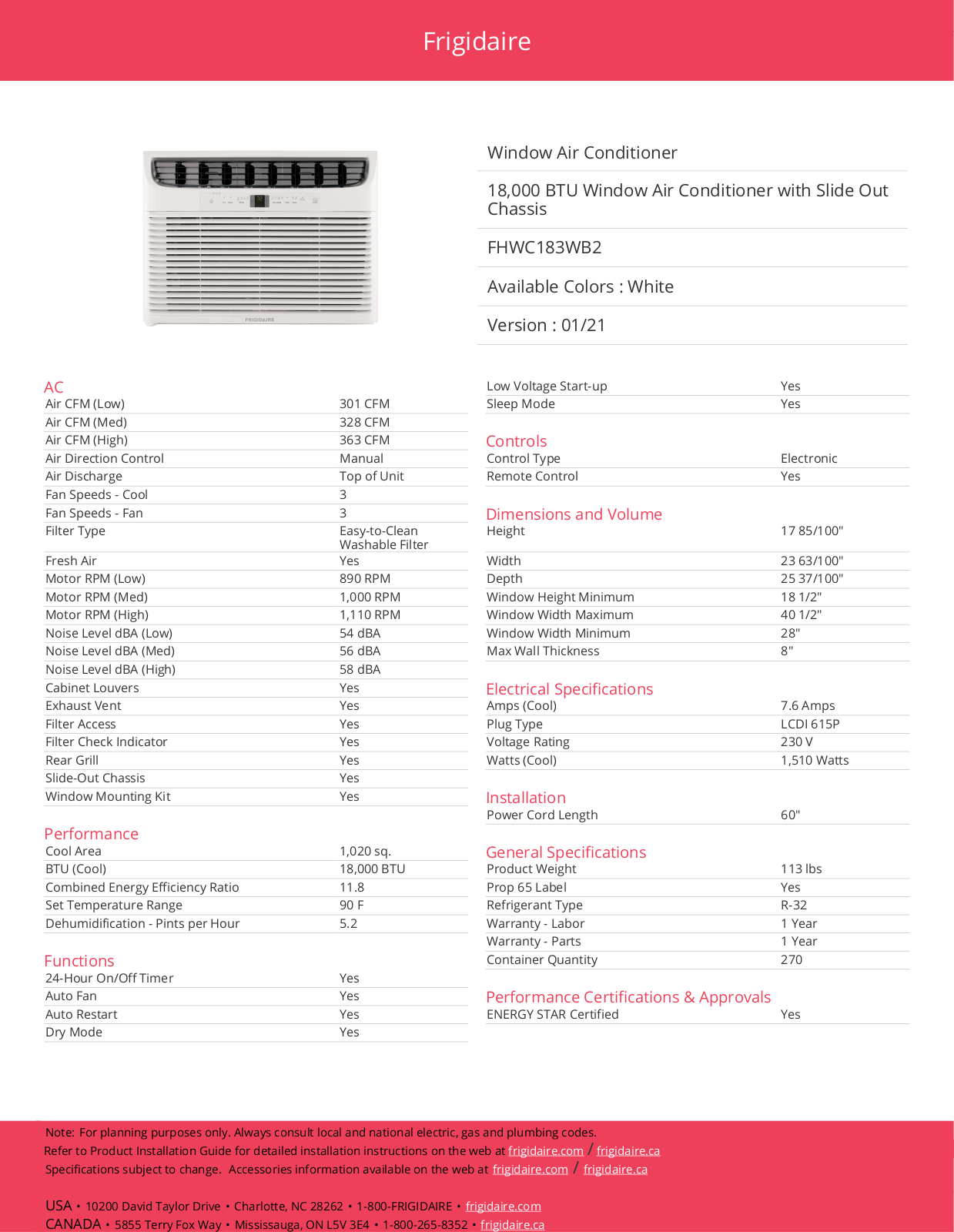 Frigidaire FHWC183WB2 Specification Sheet