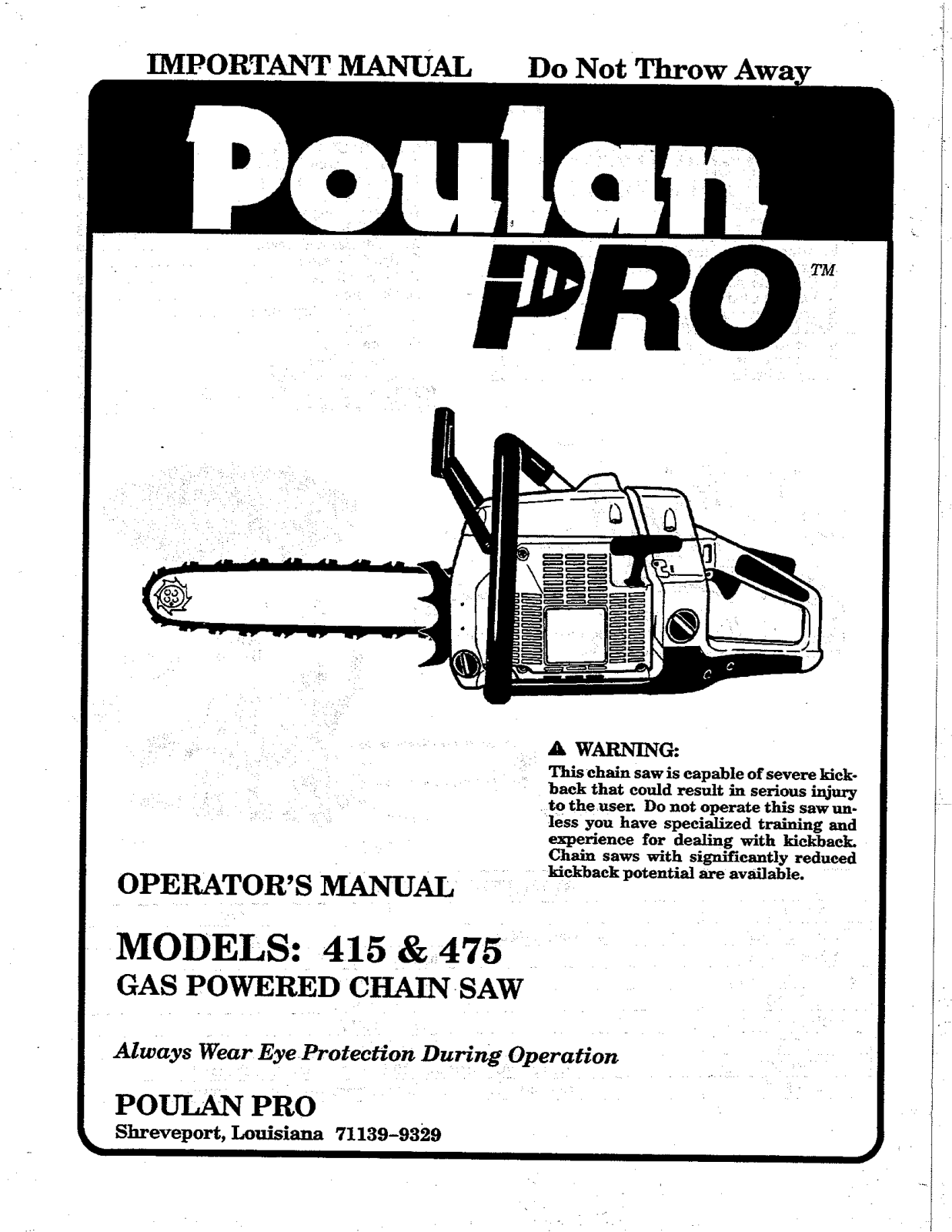 Poulan Pro 415, 475 User Manual