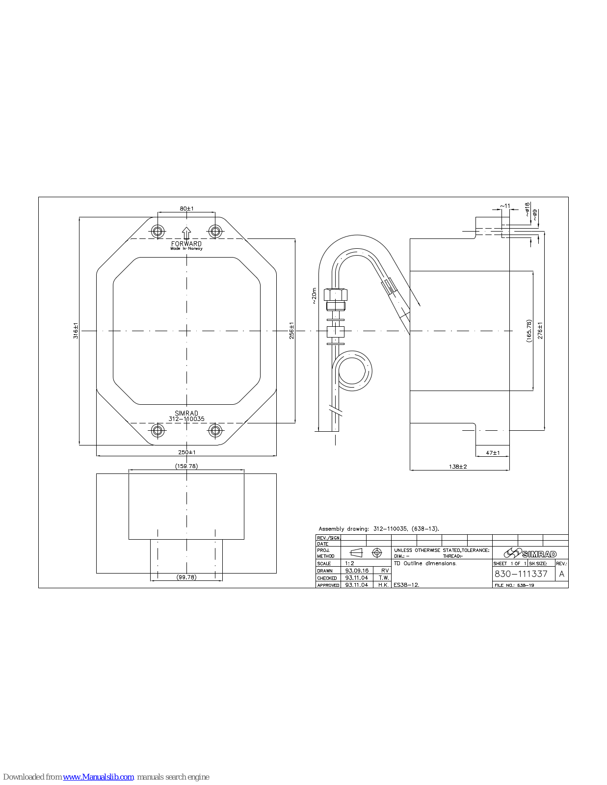 Simrad TRANSDUCER OUTLINE DIMENSIONS - SCHEMA REV A, ES38-12 Dimensions