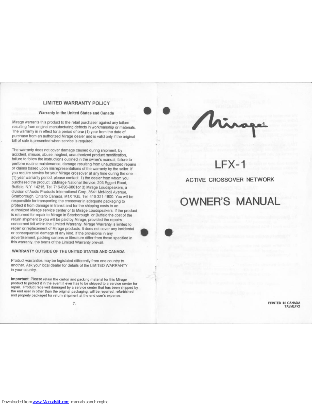 Mirage LFX-1 Owner's Manual