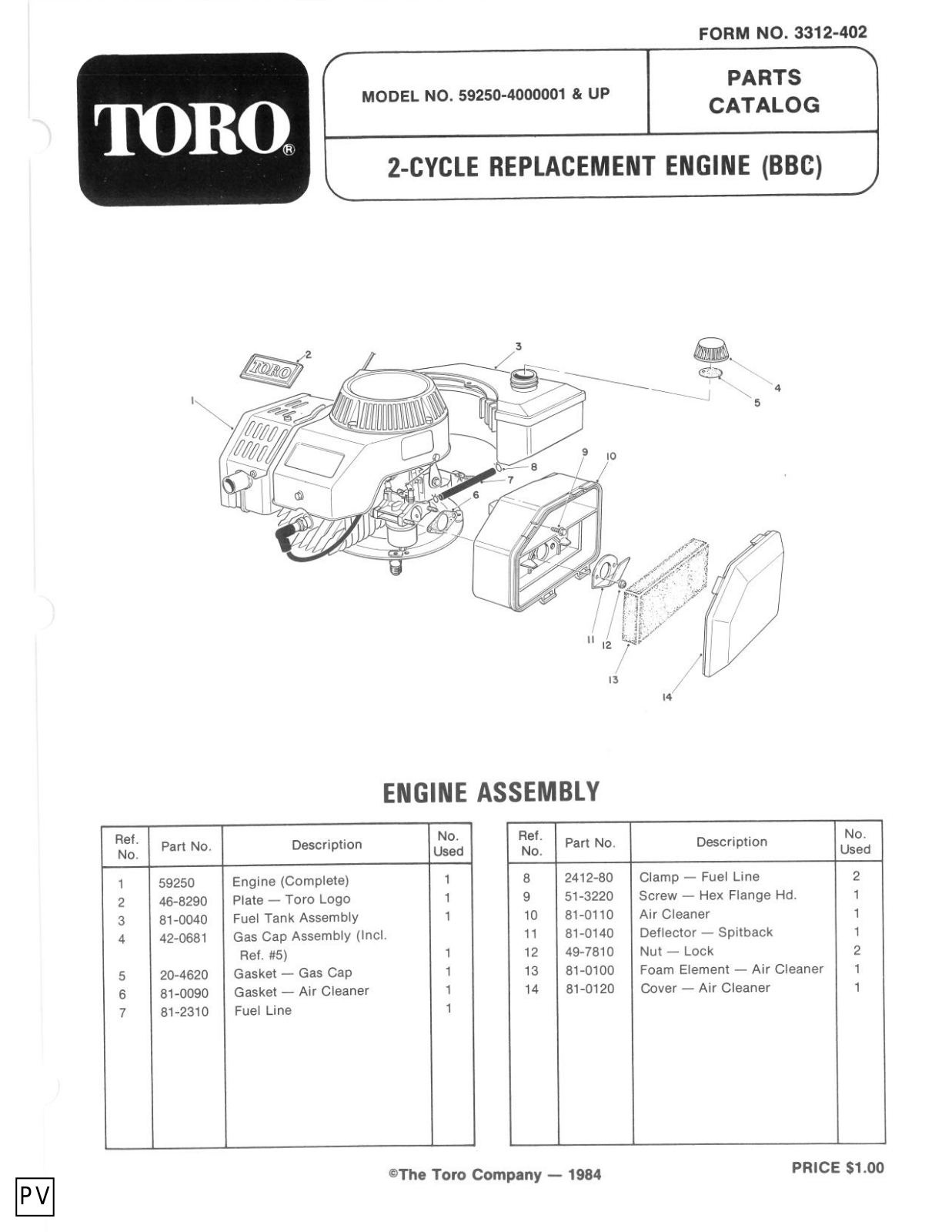 Toro 59250 Parts Catalogue