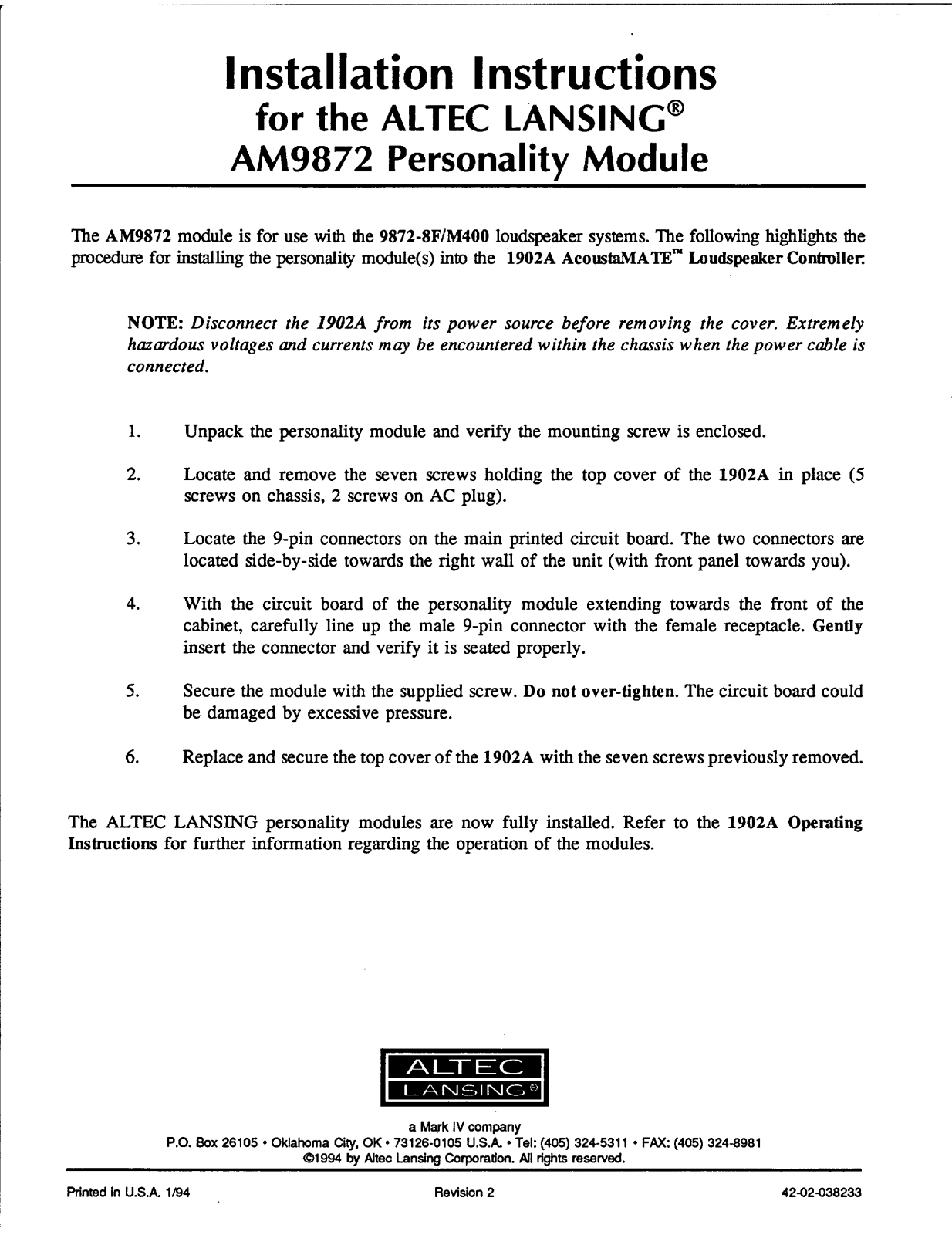 Altec lansing AM9872 User Manual