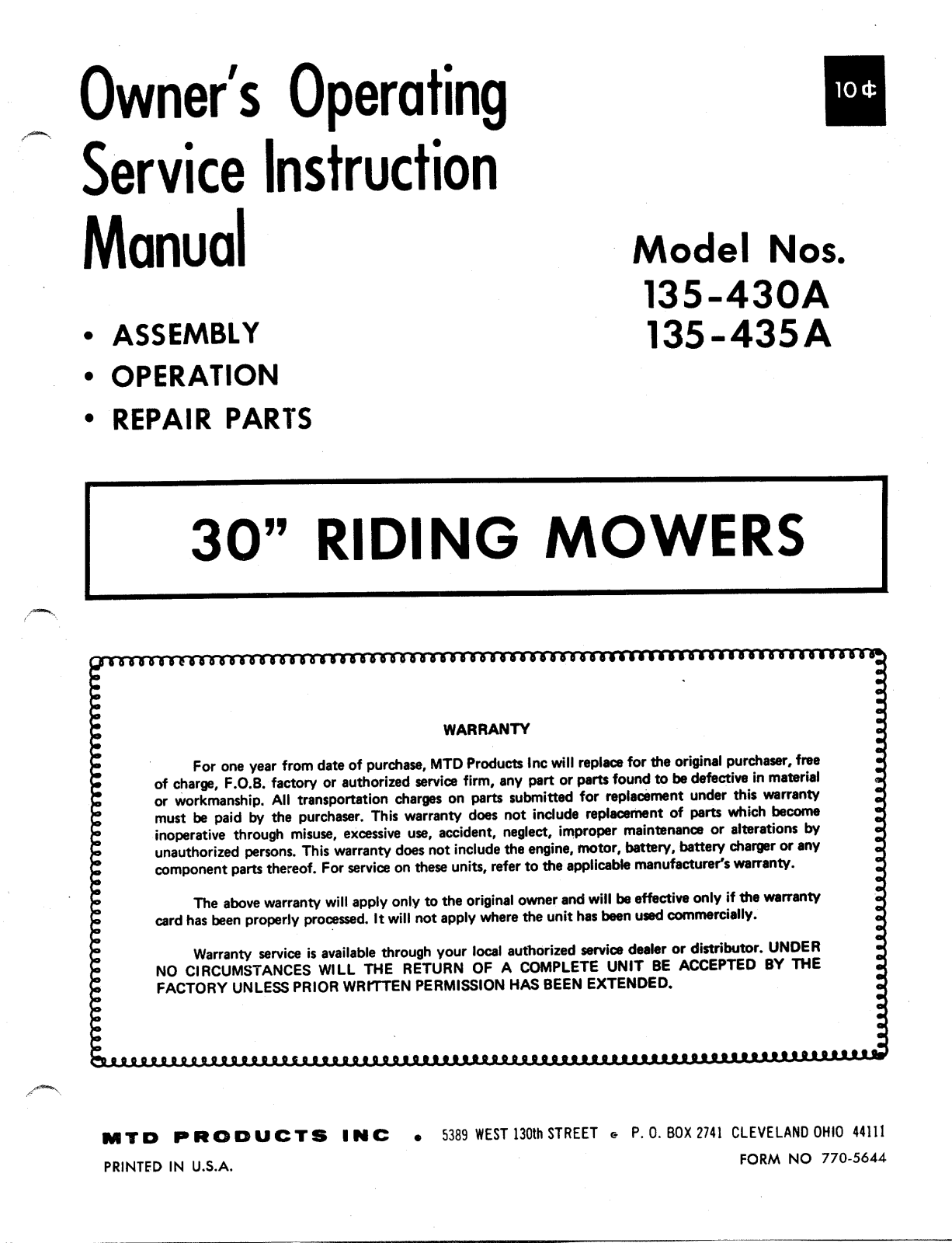 MTD 135-435A, 135-430A User Manual