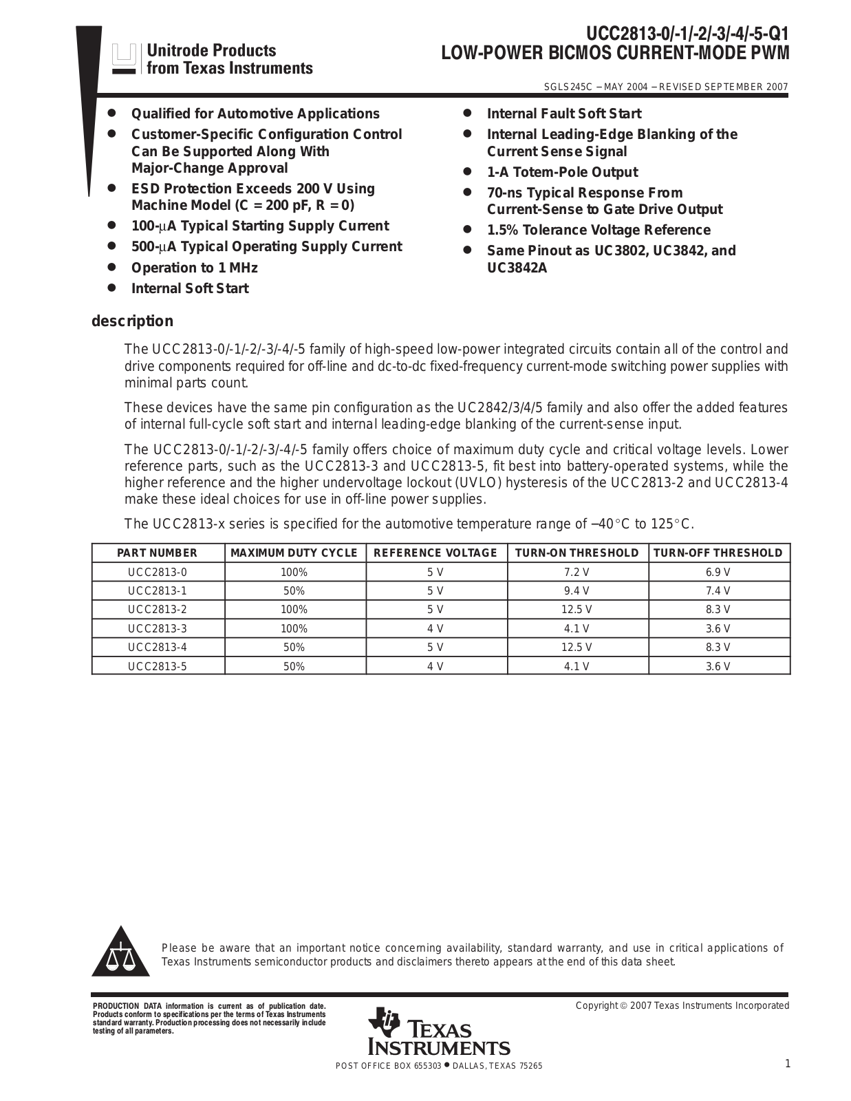 TEXAS INSTRUMENTS UCC2813-0, UCC2813-1, UCC2813-2, UCC2813-3, UCC2813-4 Technical data