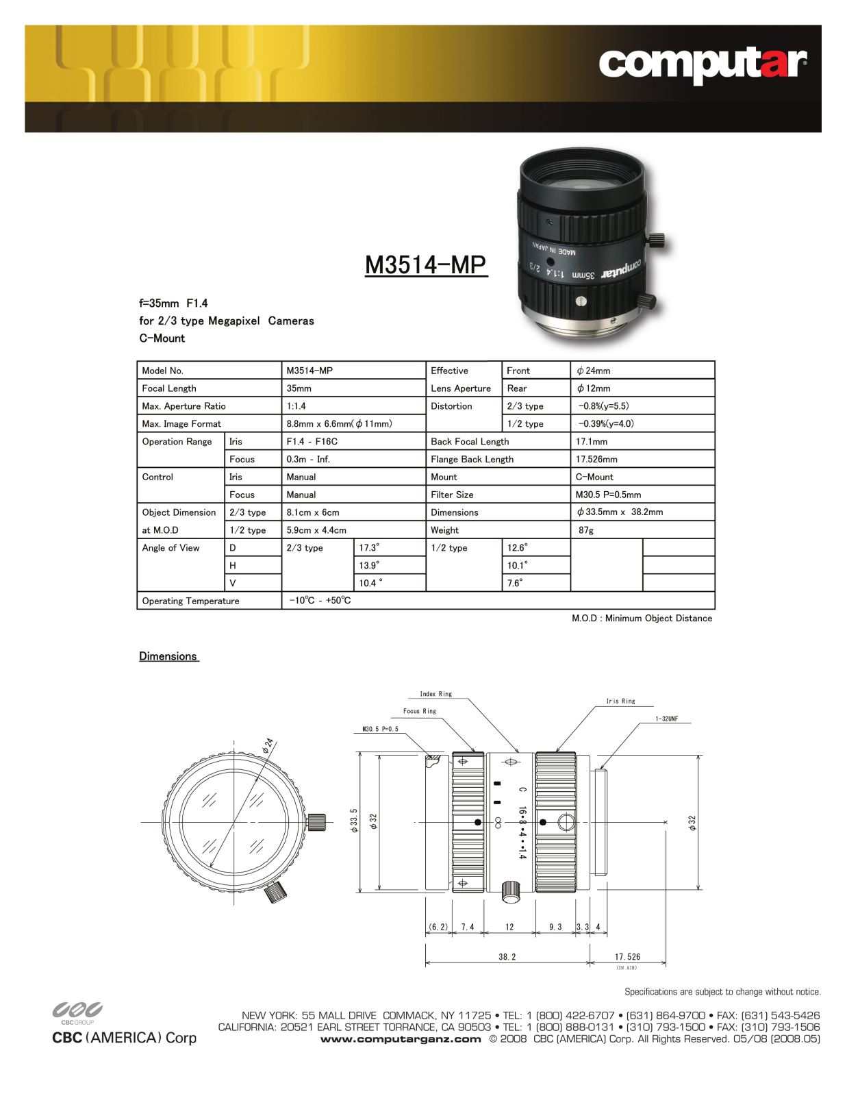 Computar M3514-MP Specsheet