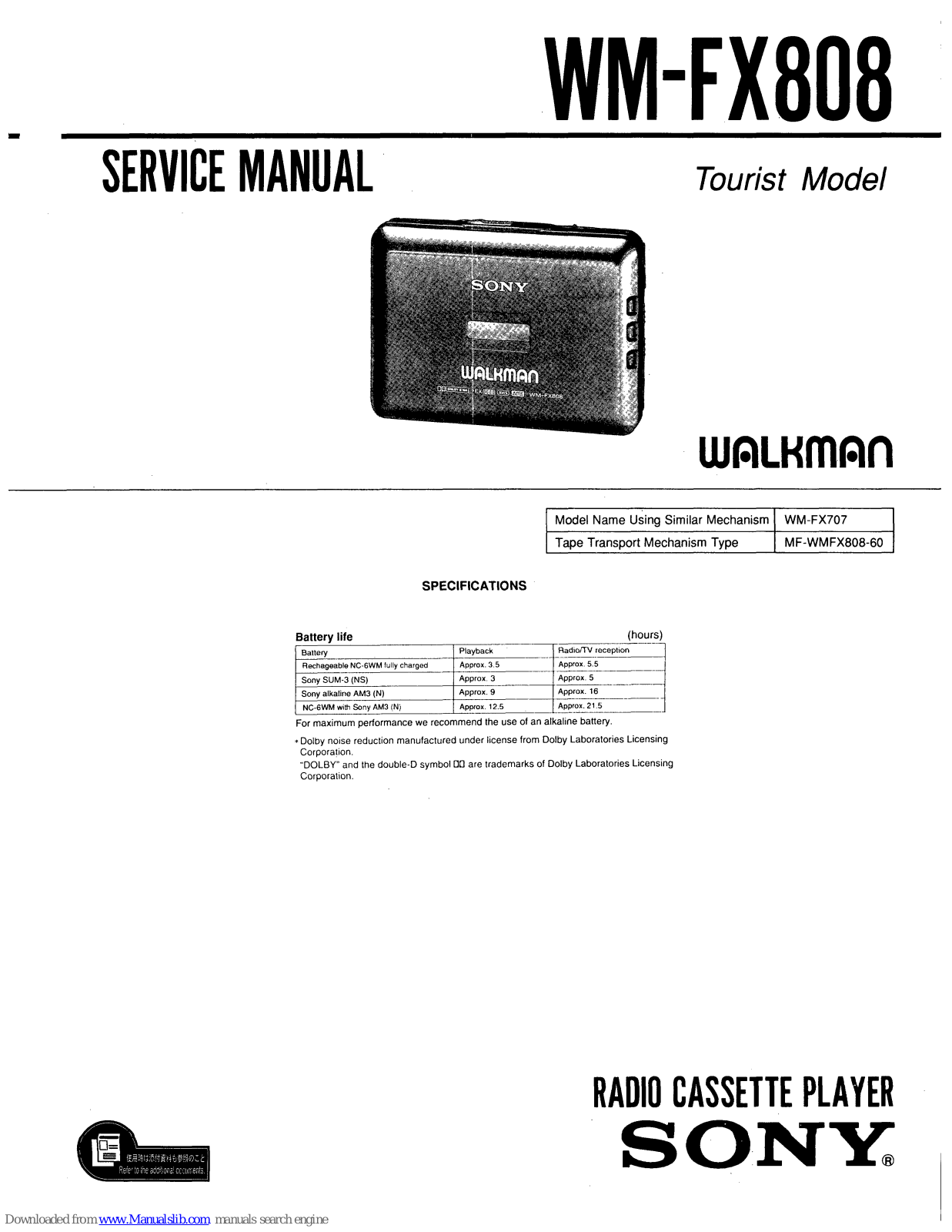 Sony WALKMAN WM-FX808 Service Manual