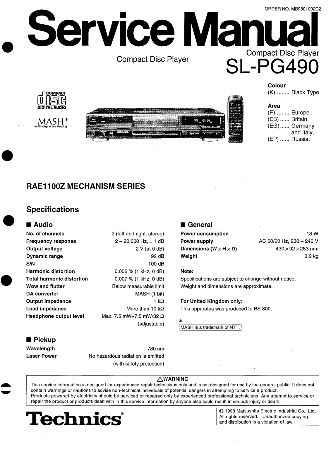 Panasonic SLPG-490, SLPG-490 Service manual