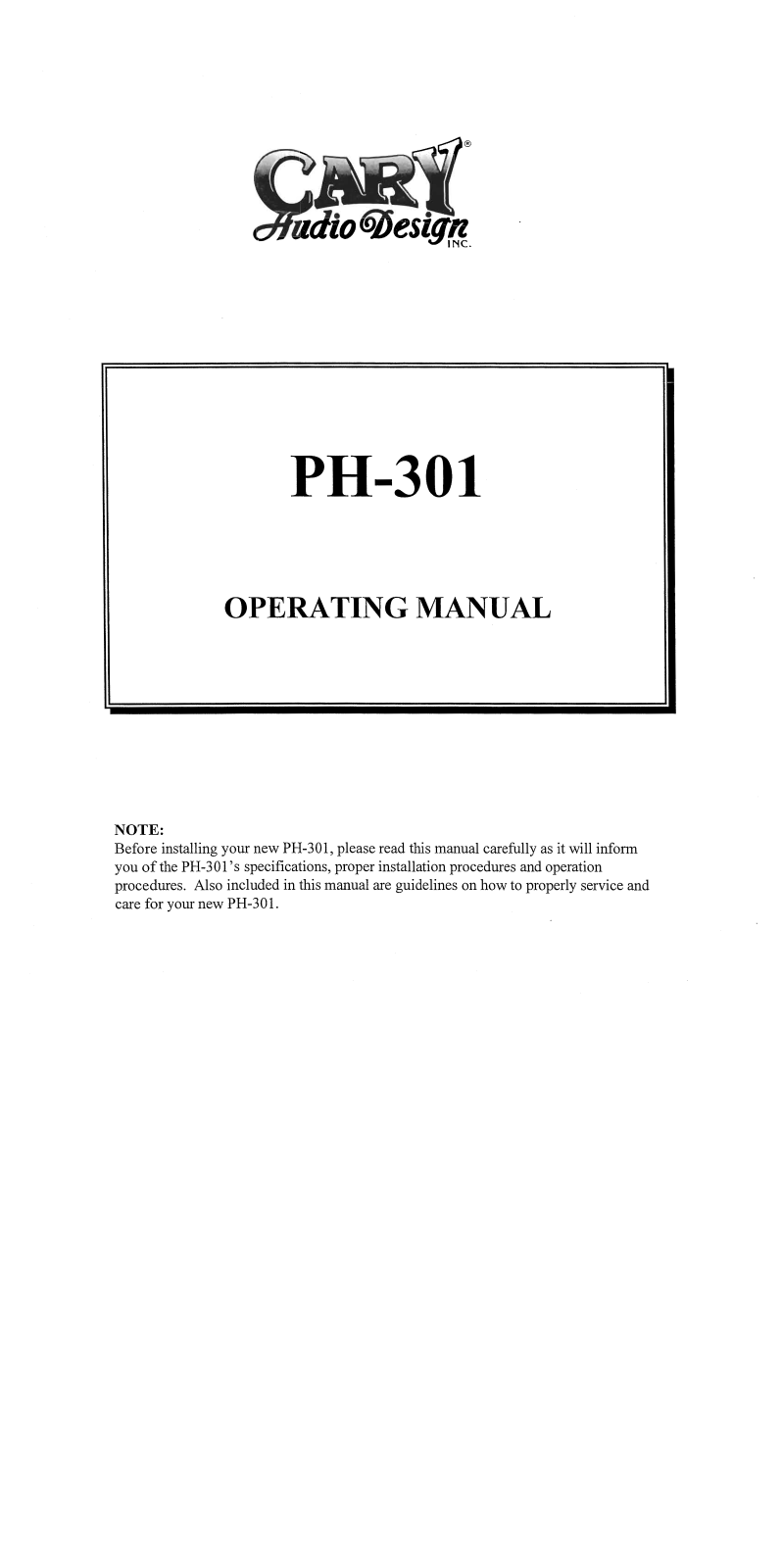 Cary Audio PH 301 Owner's Manual