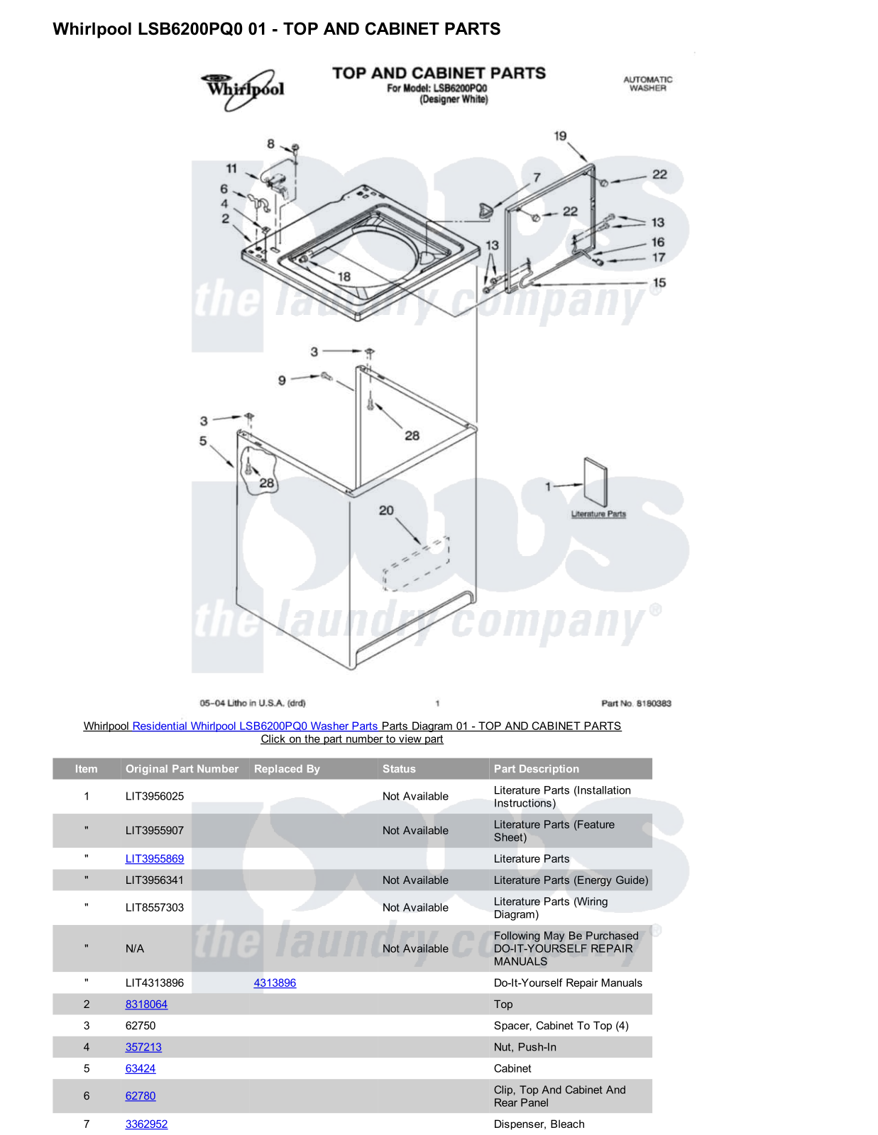 Whirlpool LSB6200PQ0 Parts Diagram