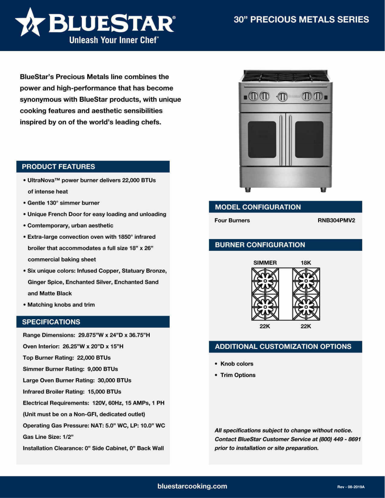 Bluestar RNB304BPMV2L Specsheet