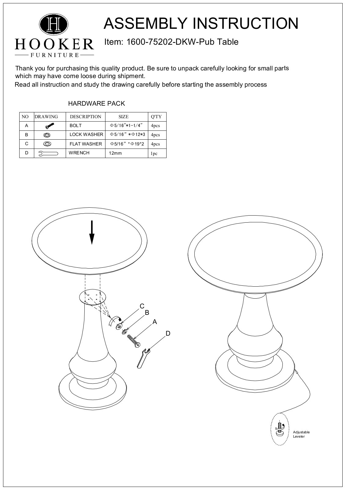 Hooker Furniture 160075202DKW Assembly Guide