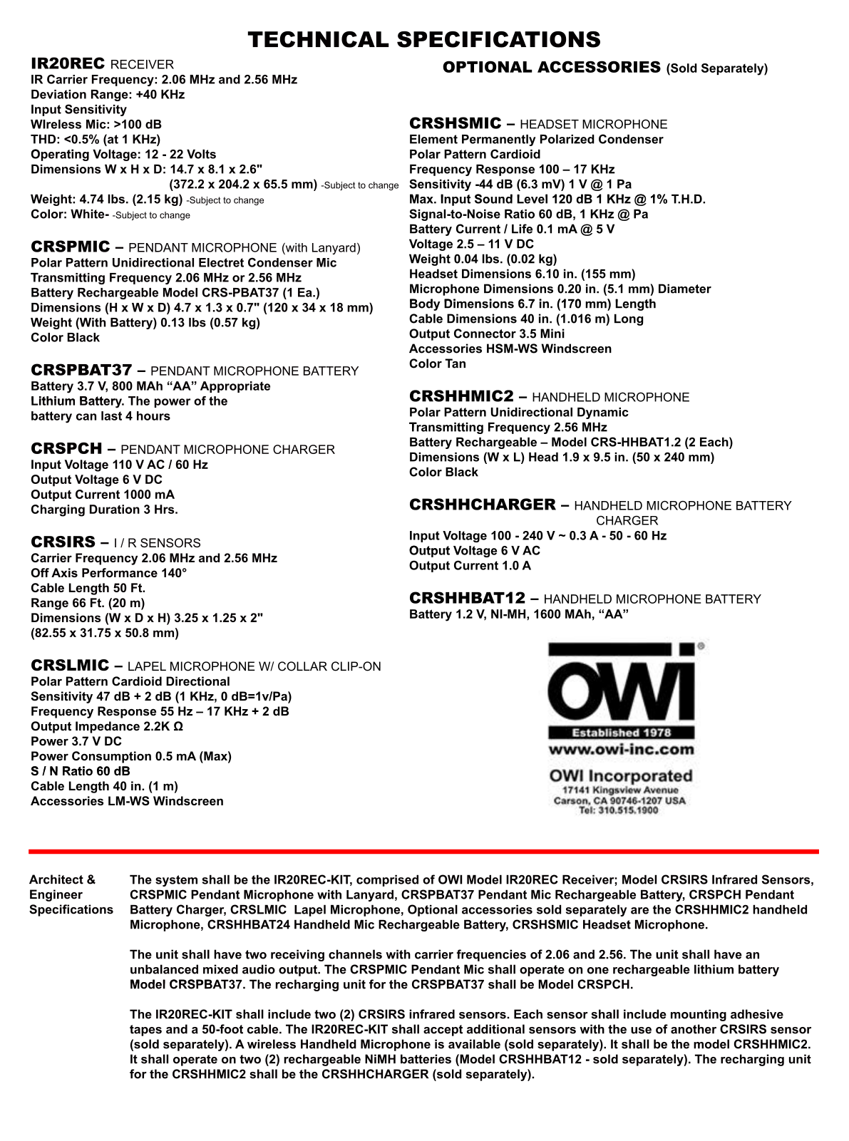 OWI IR20REC-KIT Specifications - ManualMachine.com