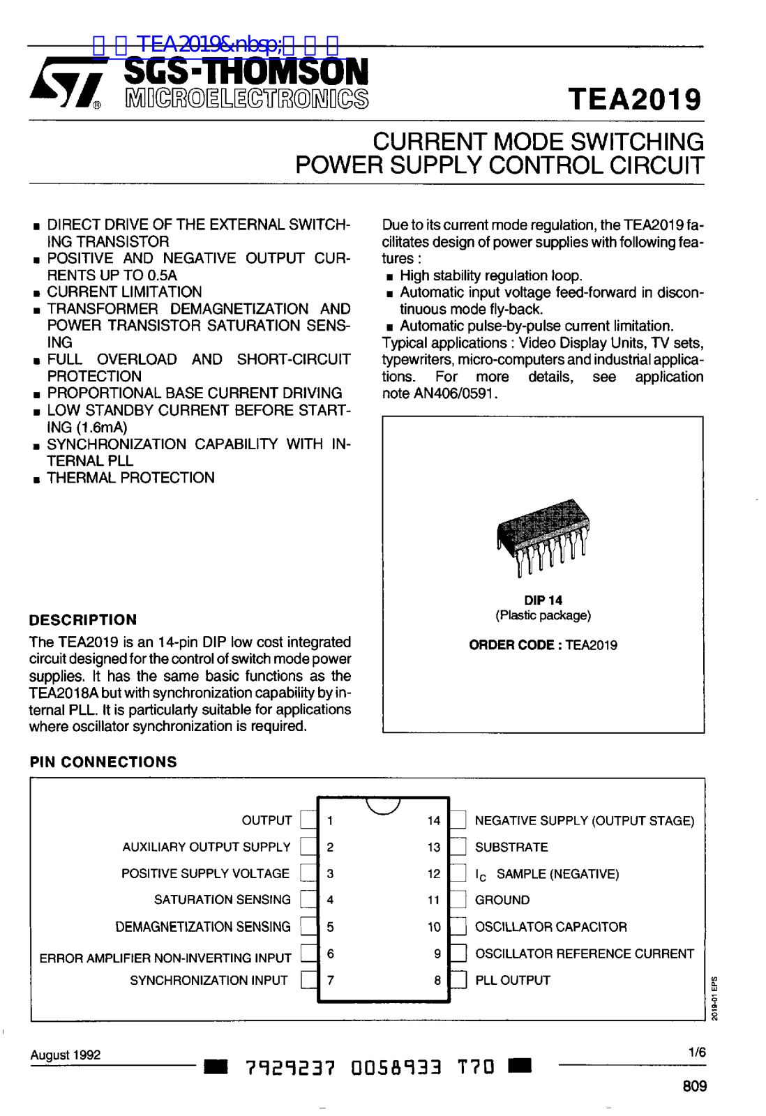 SGS-THOMSON TEA2019 Technical data