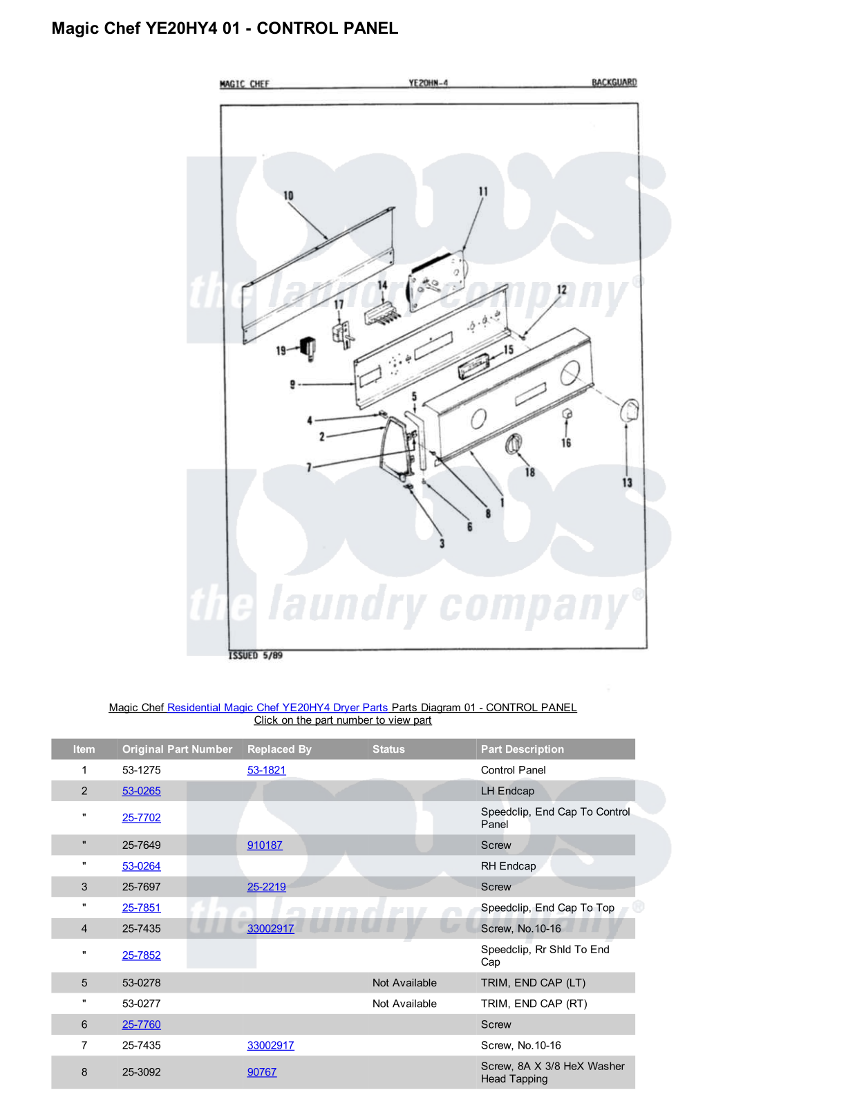 Magic Chef YE20HY4 Parts Diagram