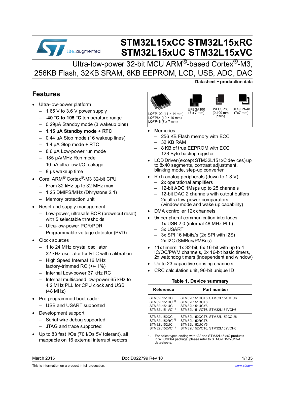 STMicroelectronics STM32L151VCH6, STM32L151VCT6, STM32L152CCU6, STM32L152RCT6, STM32L152UCY6 User Manual