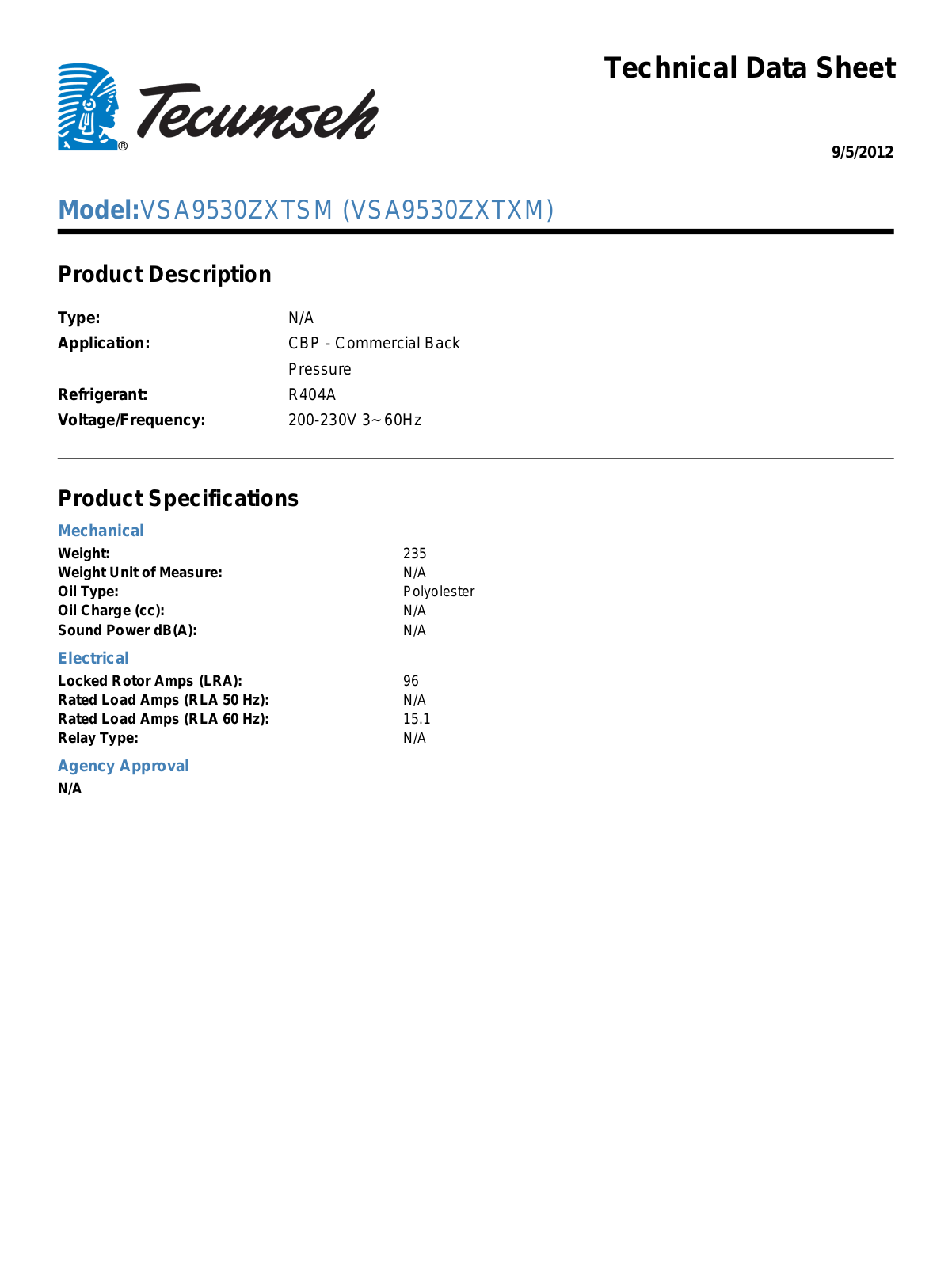 Tecumseh VSA9530ZXTSM User Manual