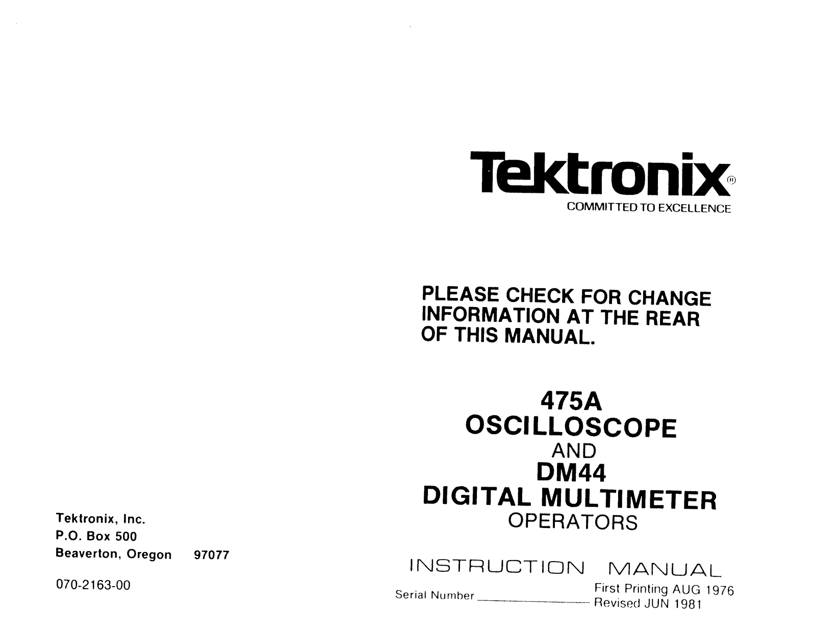 Tektronix DMM44, 475A User Manual