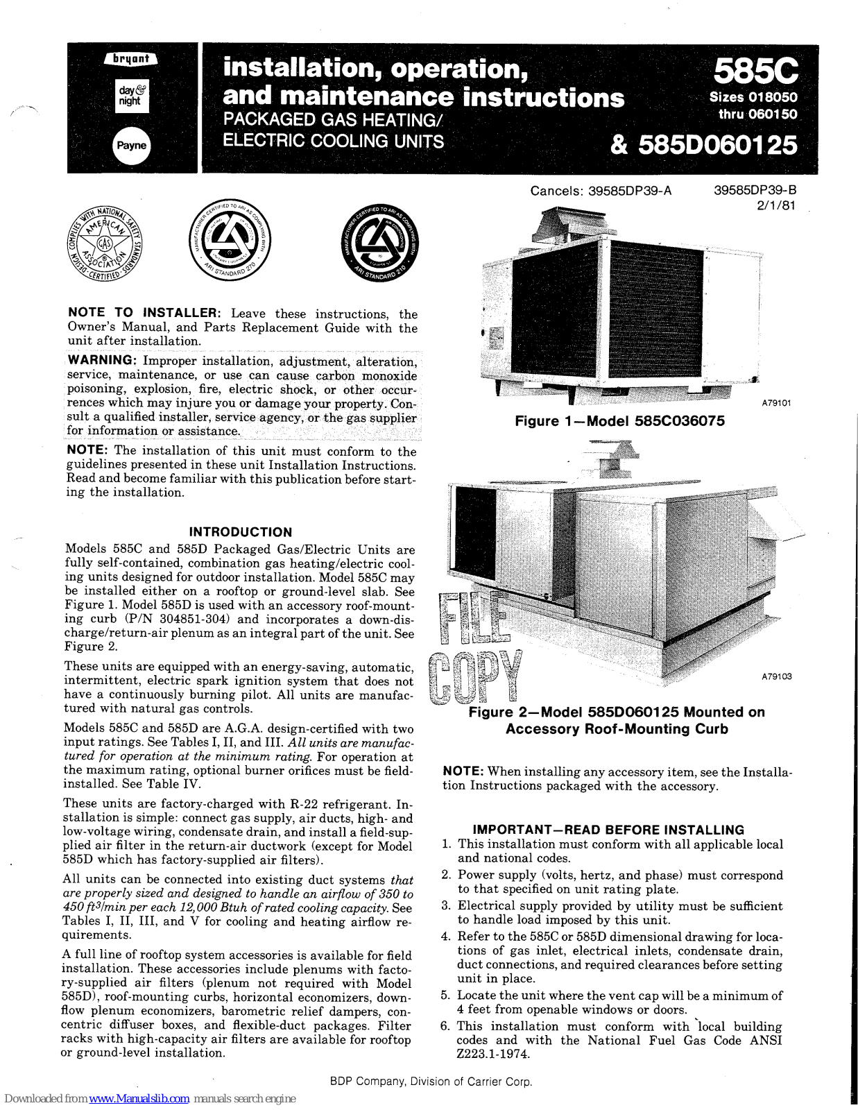 Bryant 585C048125, 585D060125, 585C060125, 585C060150 Installation, Operation And Maintenance Instructions