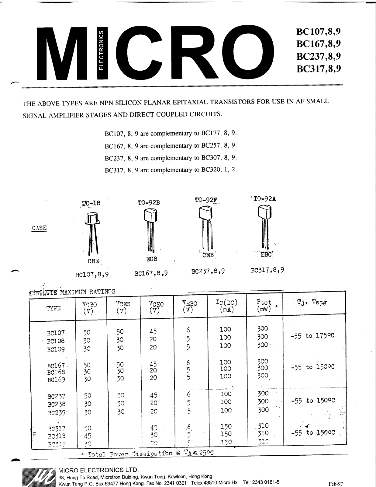 ME BC239, BC319, BC318, BC317, BC238 Datasheet