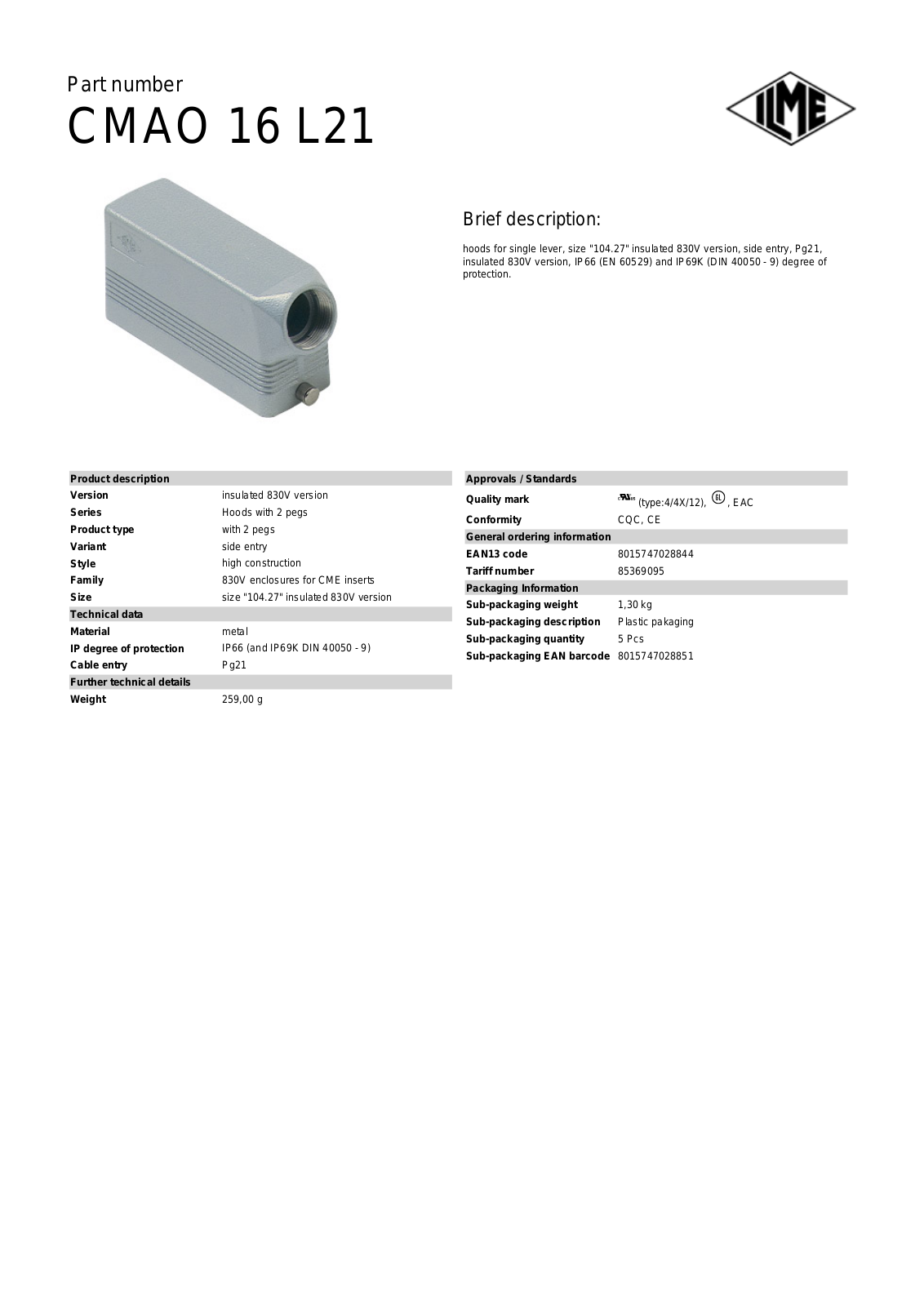 ILME CMAO-16L21 Data Sheet