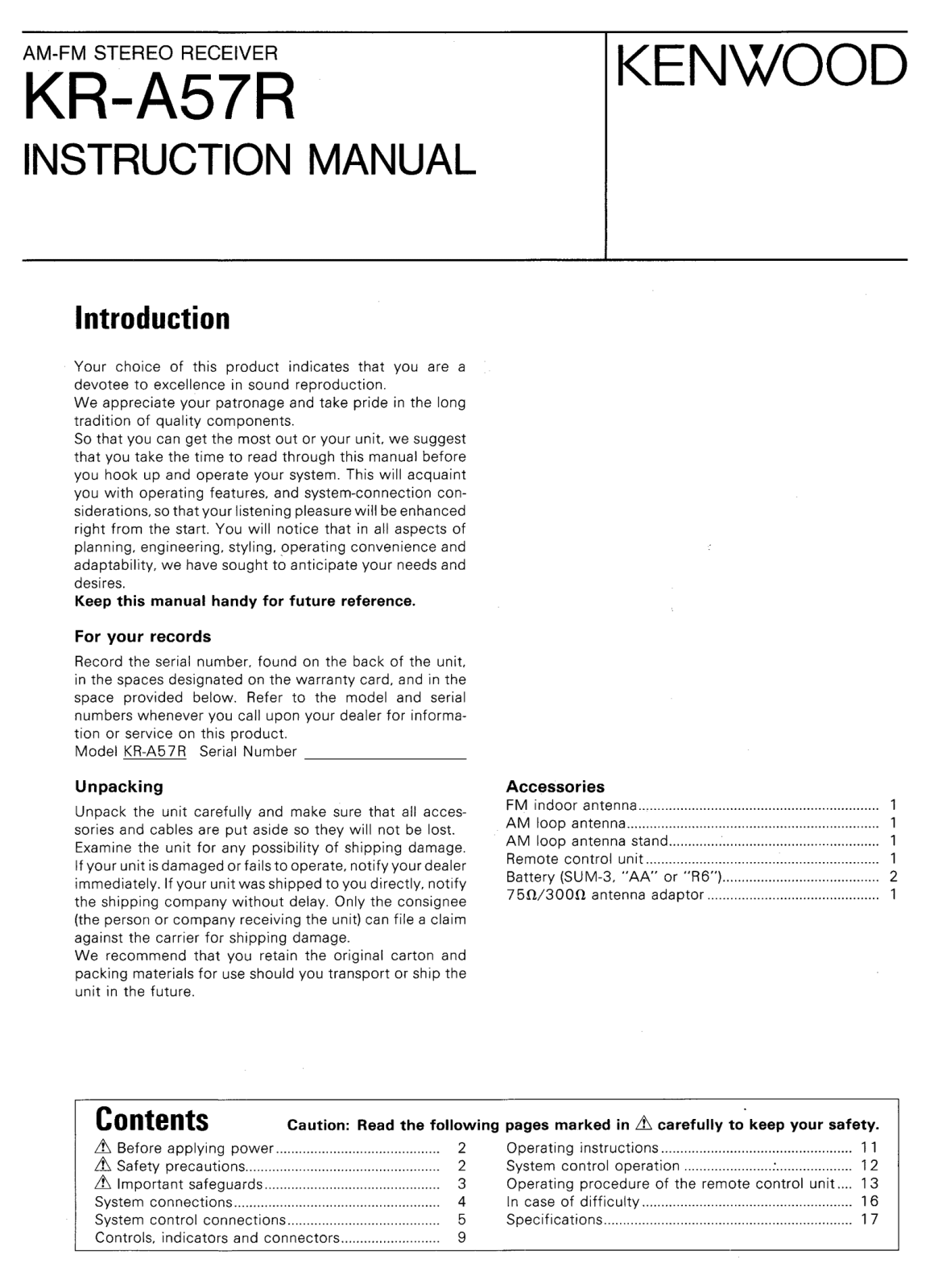 Kenwood KR-A57-R Owners Manual