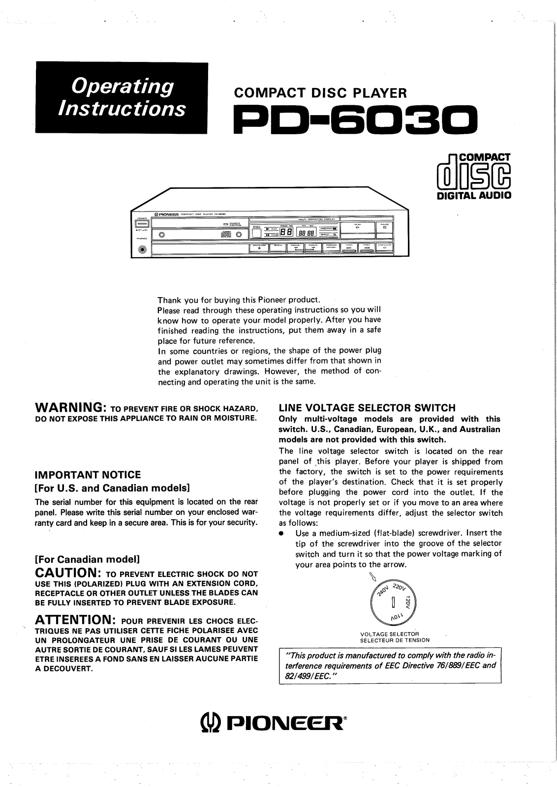 Pioneer PD-6030 Owners Manual