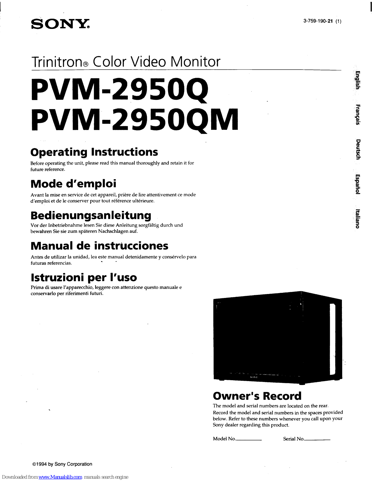 Sony PVM-2950Q Operating Instructions / Mode d’, emploi / Manual de instrucciones, Trinitron PVM-2950QM, Trinitron PVM-2950Q Operating Instructions Manual