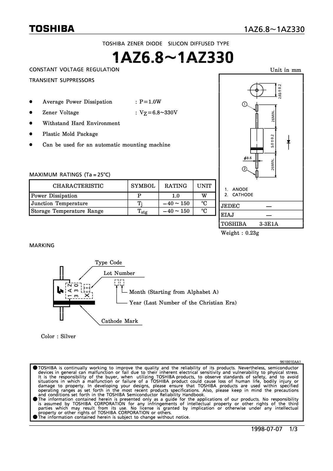 Toshiba 1AZ7.5, 1AZ6.8, 1AZ300-X, 1AZ300, 1AZ270-Z Datasheet