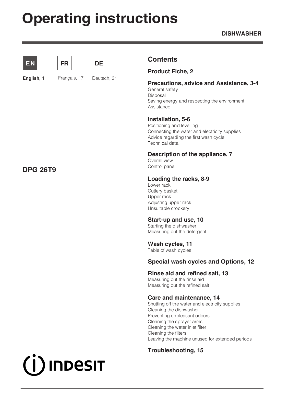 Indesit DPG 26T9 User Manual