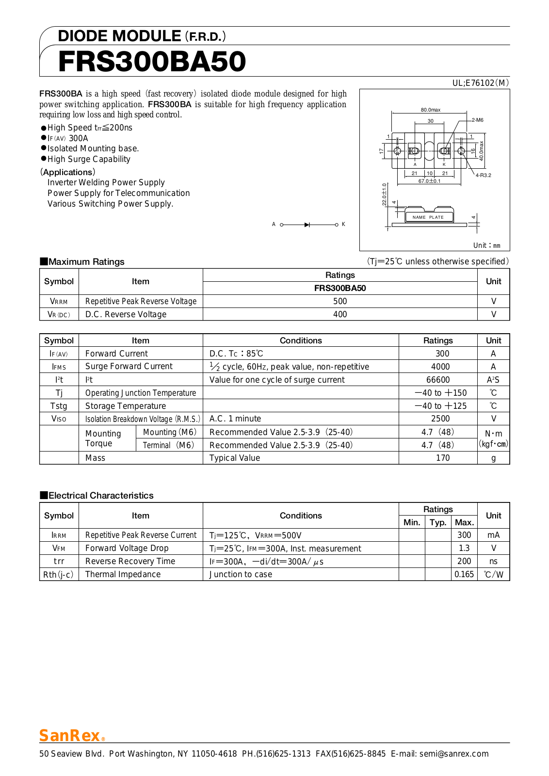 Sanrex-Sansha Electric Manufacturing FRS300BA50 Data Sheet