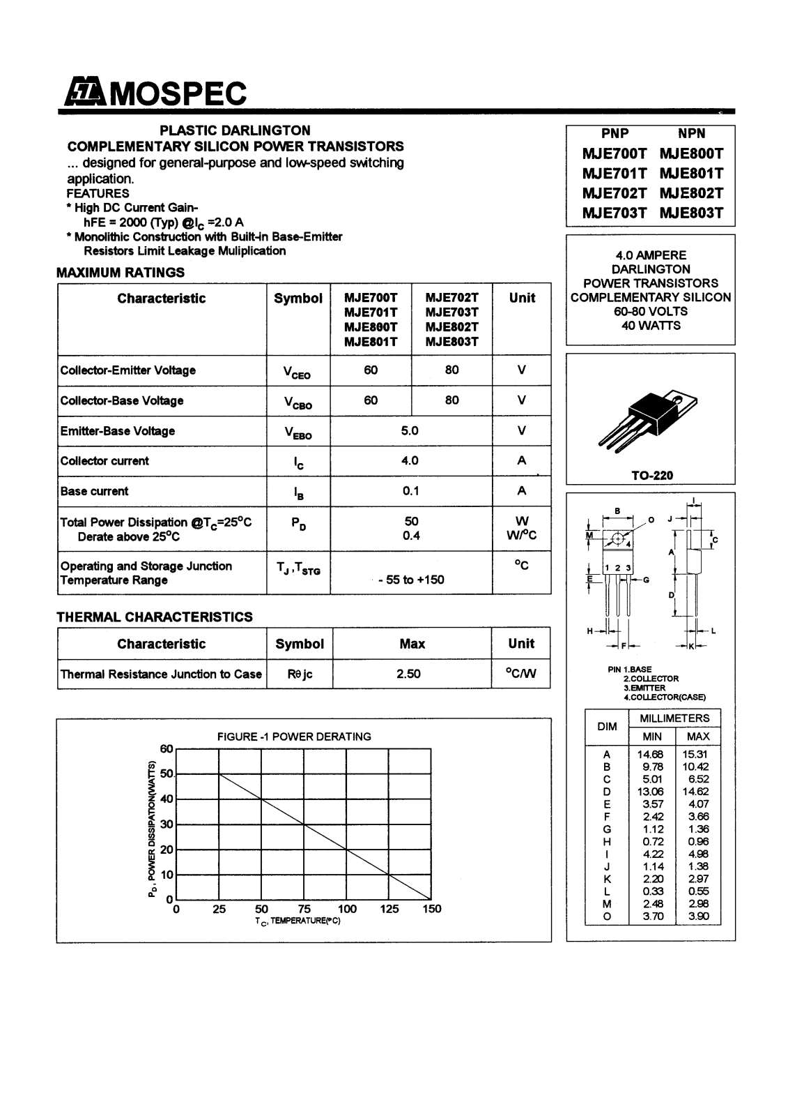 MOSPEC MJE703T, MJE702T, MJE802T, MJE803T, MJE801T Datasheet