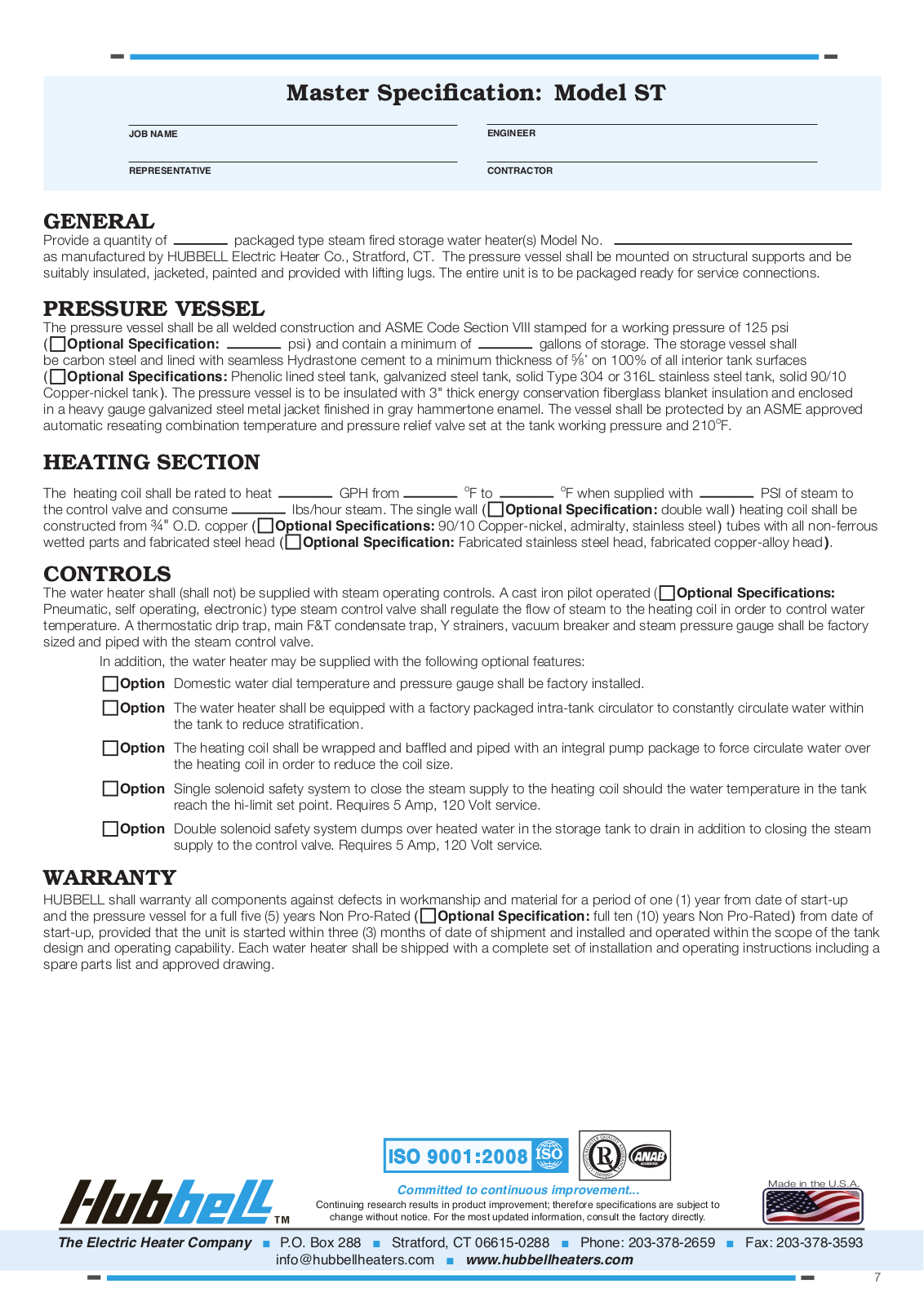 Hubbell Electric Heater STH User Manual