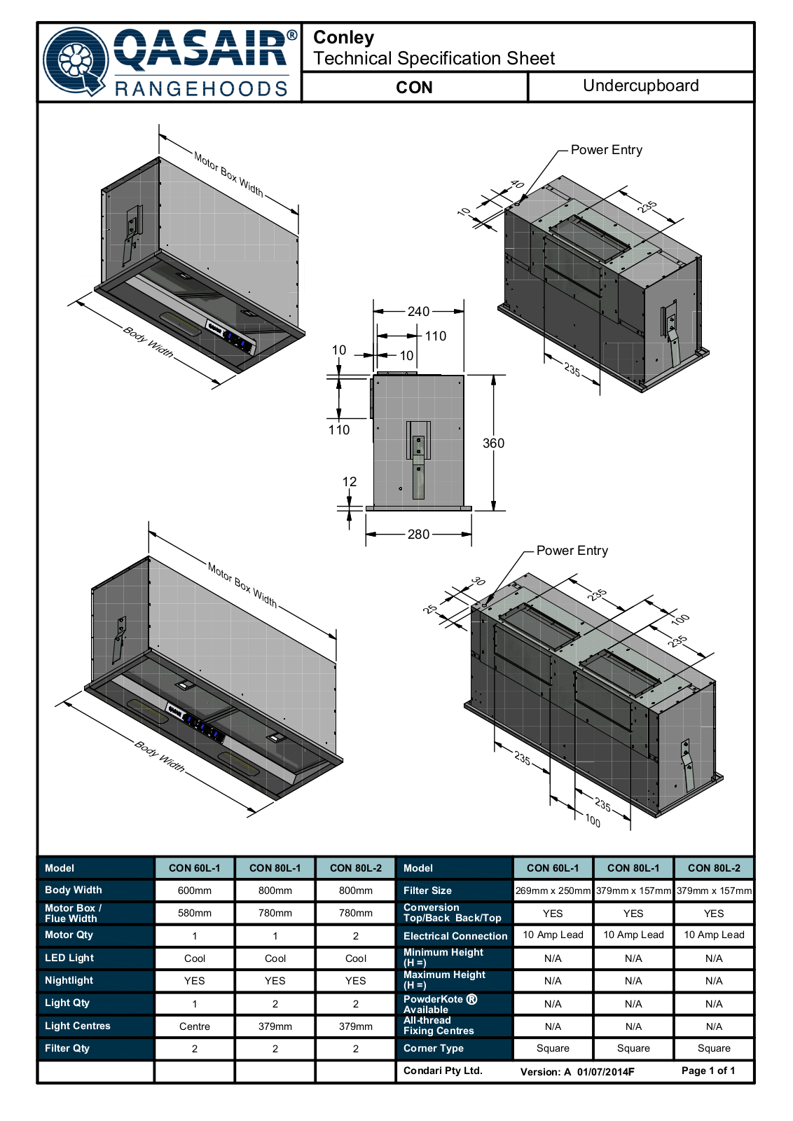 Qasair CON80L2T, CON80L2B, CON60L1T, CON80L1T, CON60L1B Specifications Sheet