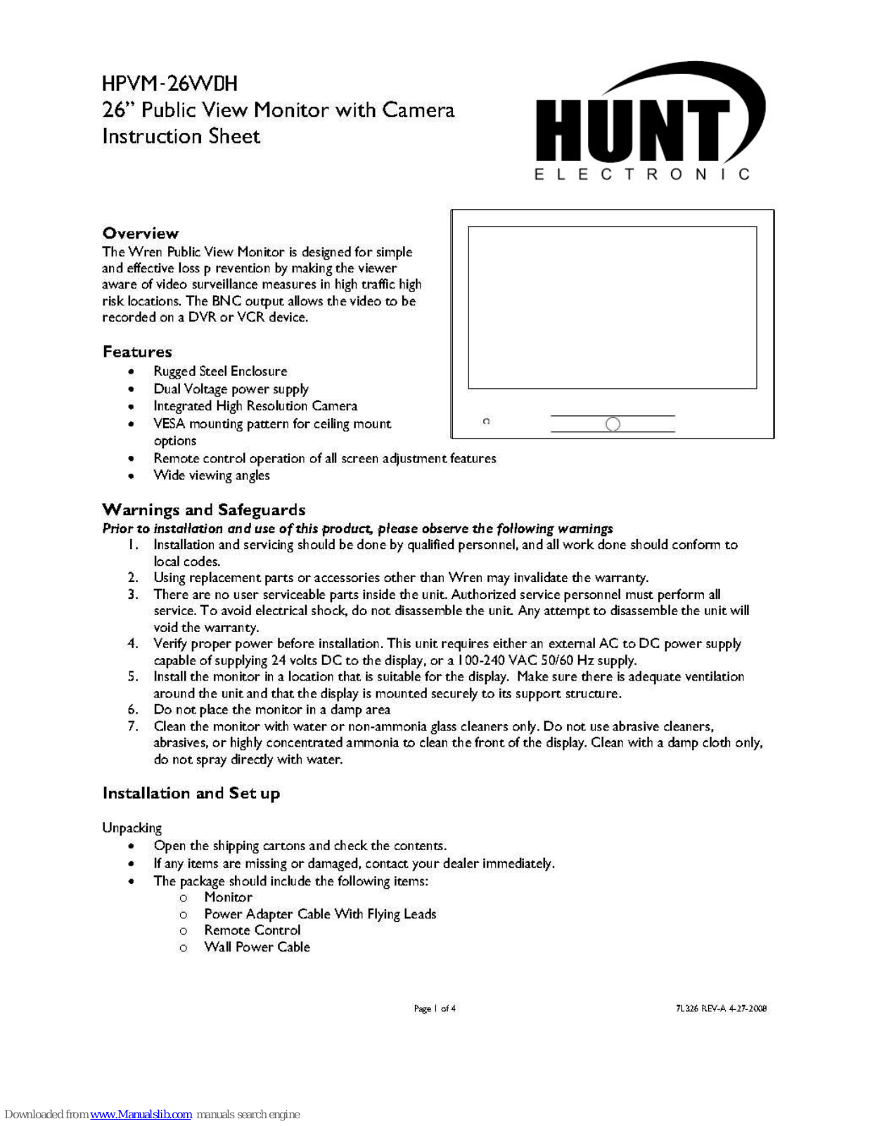 Hunt Electronic HPVM-26WDH Instruction Sheet