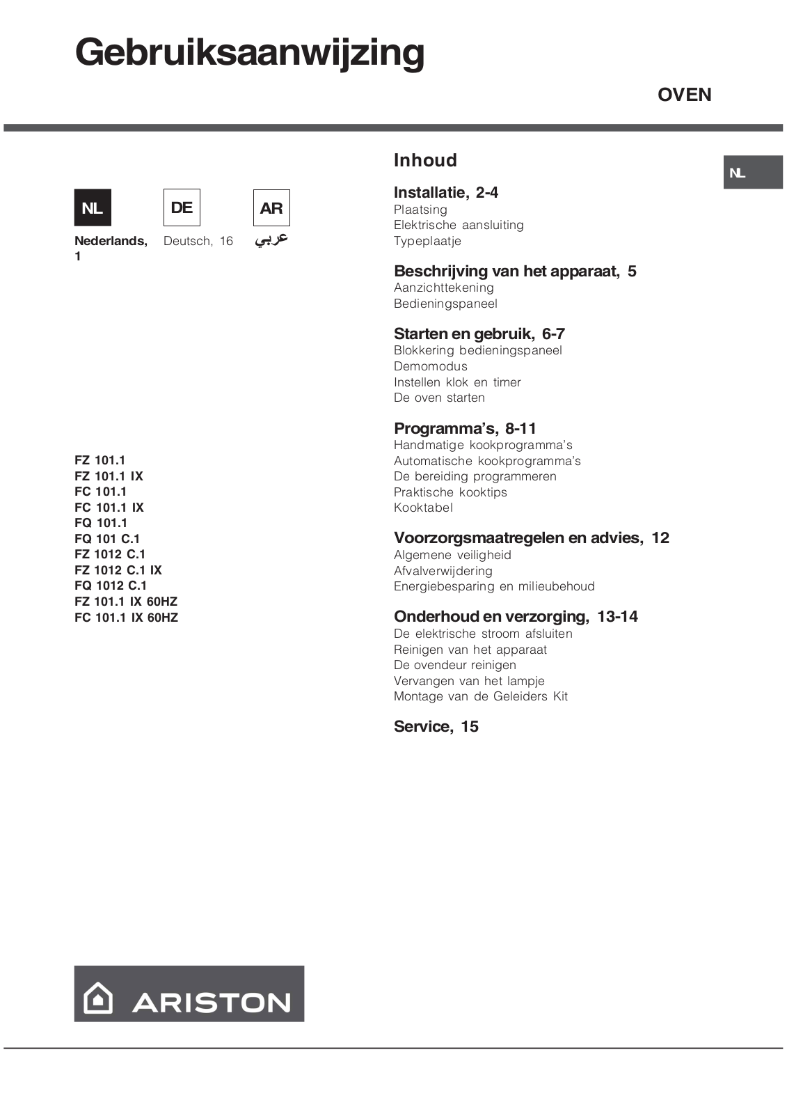 Hotpoint Ariston FZ 101.1 IX 60HZ, FC 101.1 IX, FQ 1012 C.1, FZ 1012 C.1 IX, FZ 101.1 IX User Manual