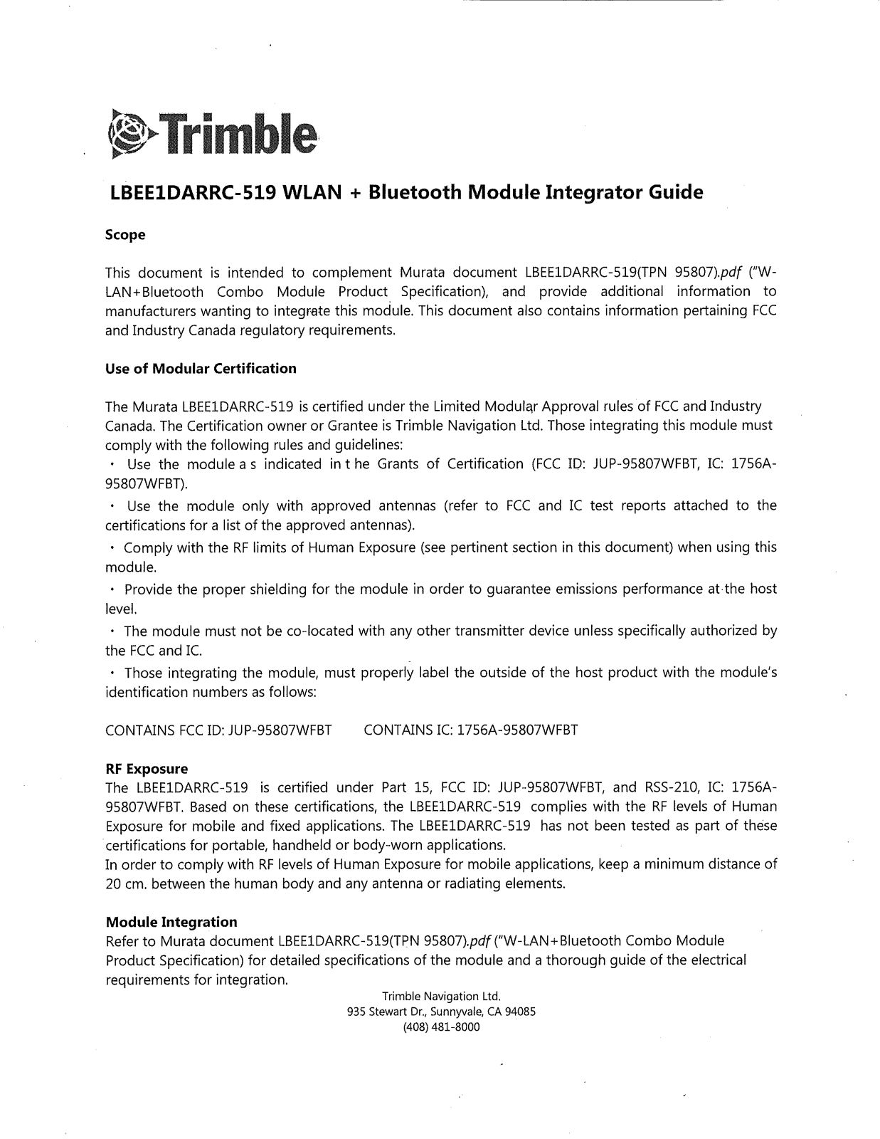 Trimble 95807WFBT Users Manual