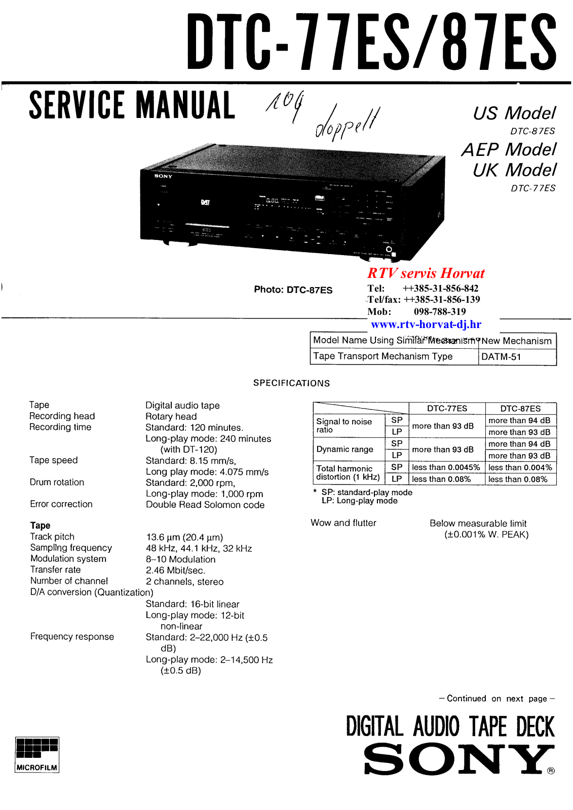 Sony TCD-77ES, TCD-87ES Service Manual