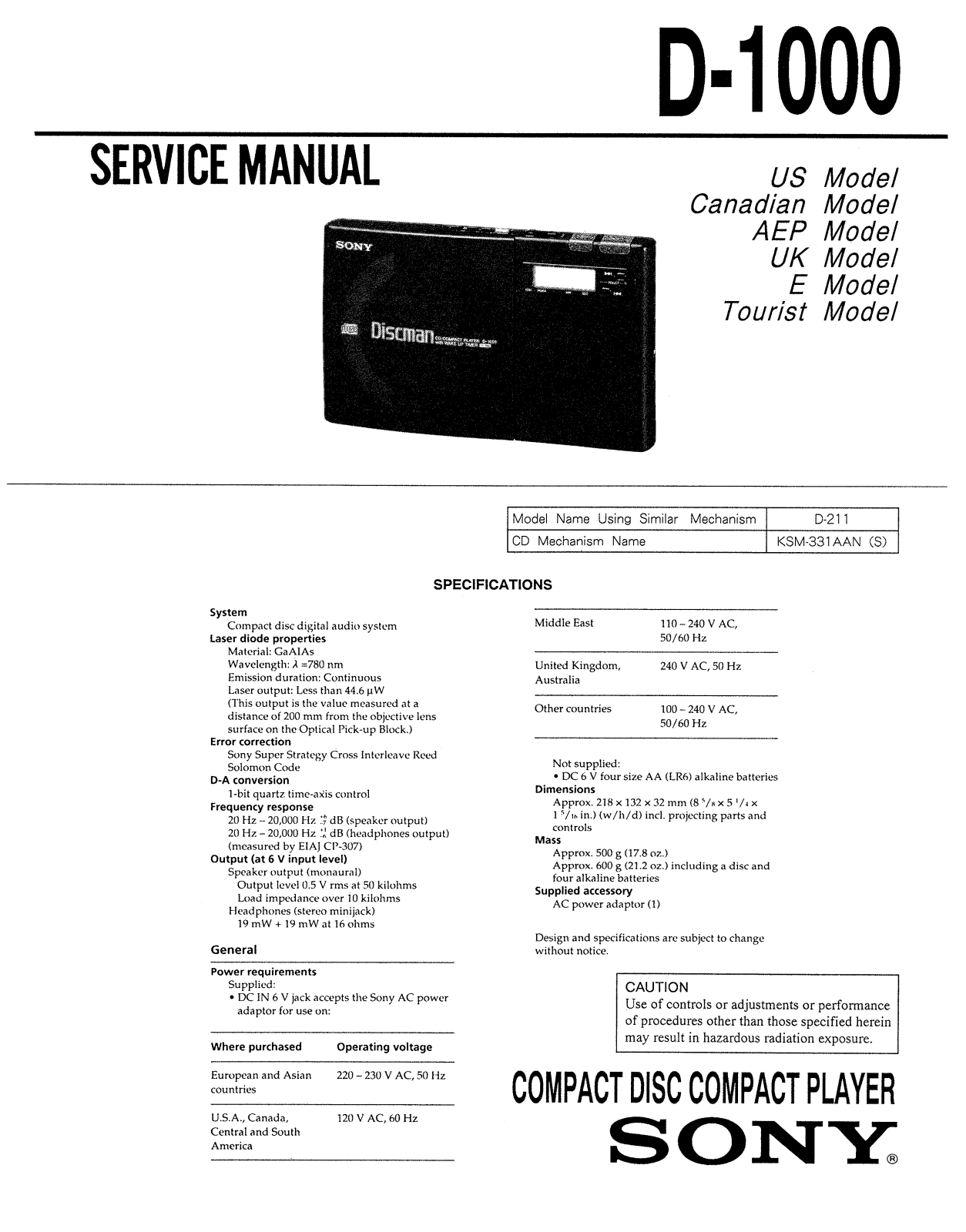 Sony D 1000 Service Manual