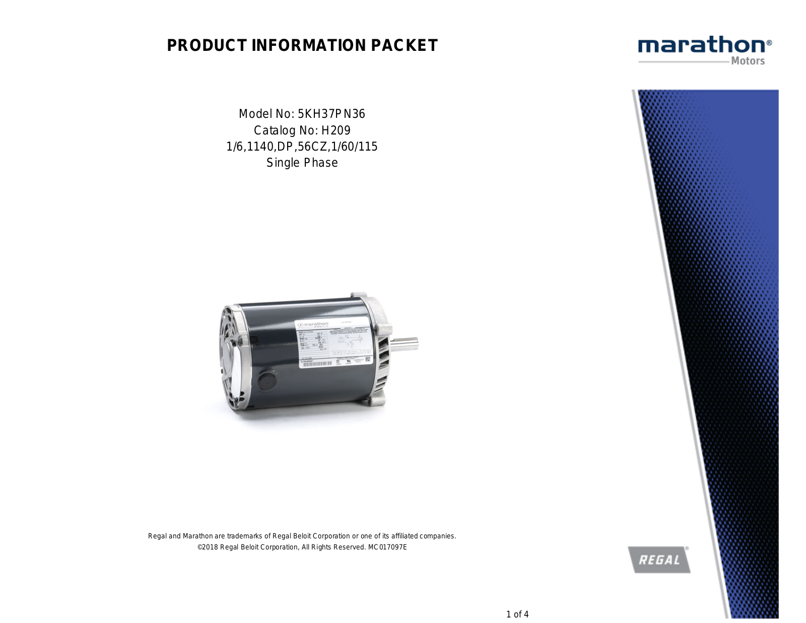 Marathon Electric 5KH37PN36 Product Information Packet