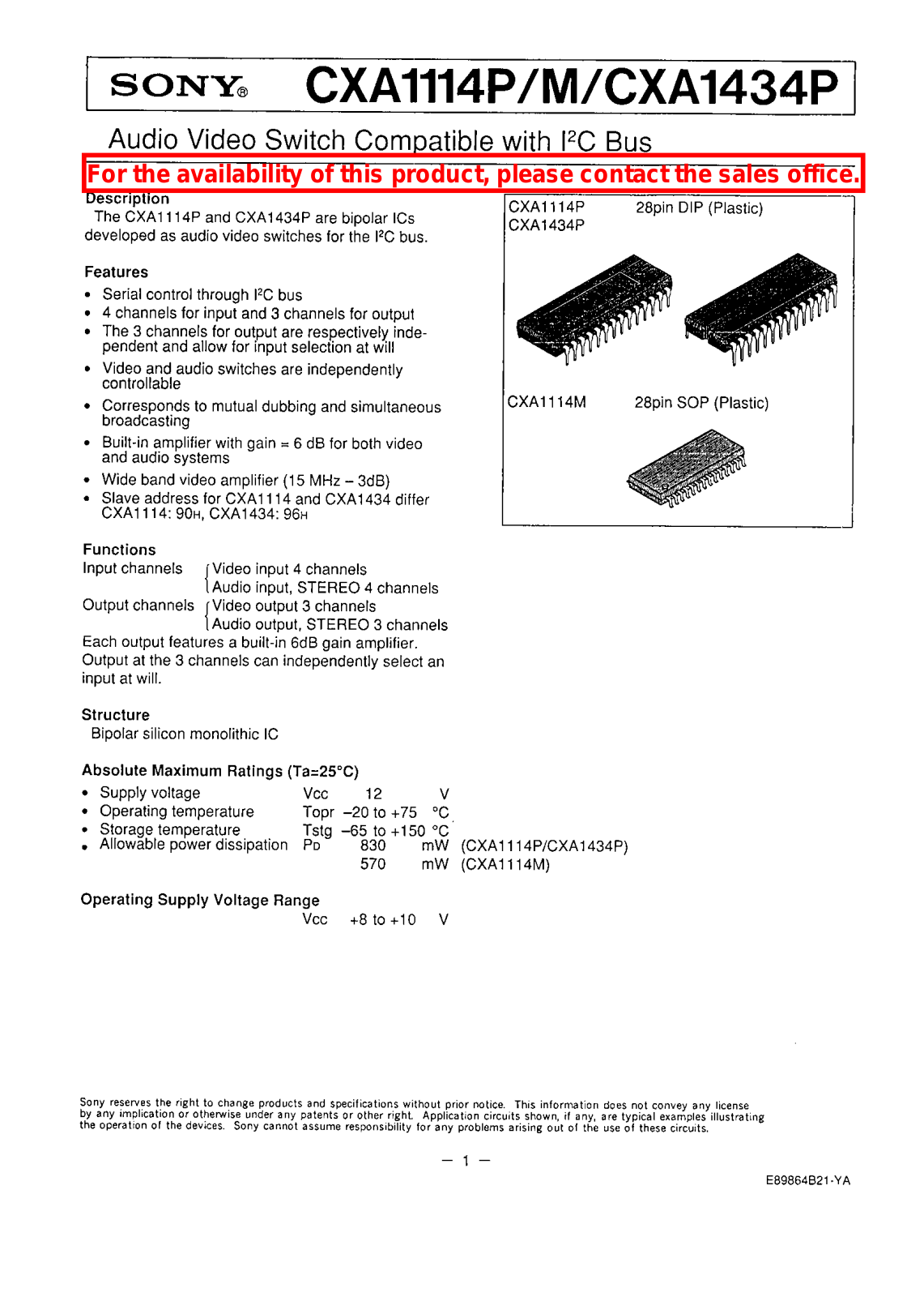 Sony CXA1114P, CXA1114M, CXA1434P Datasheet