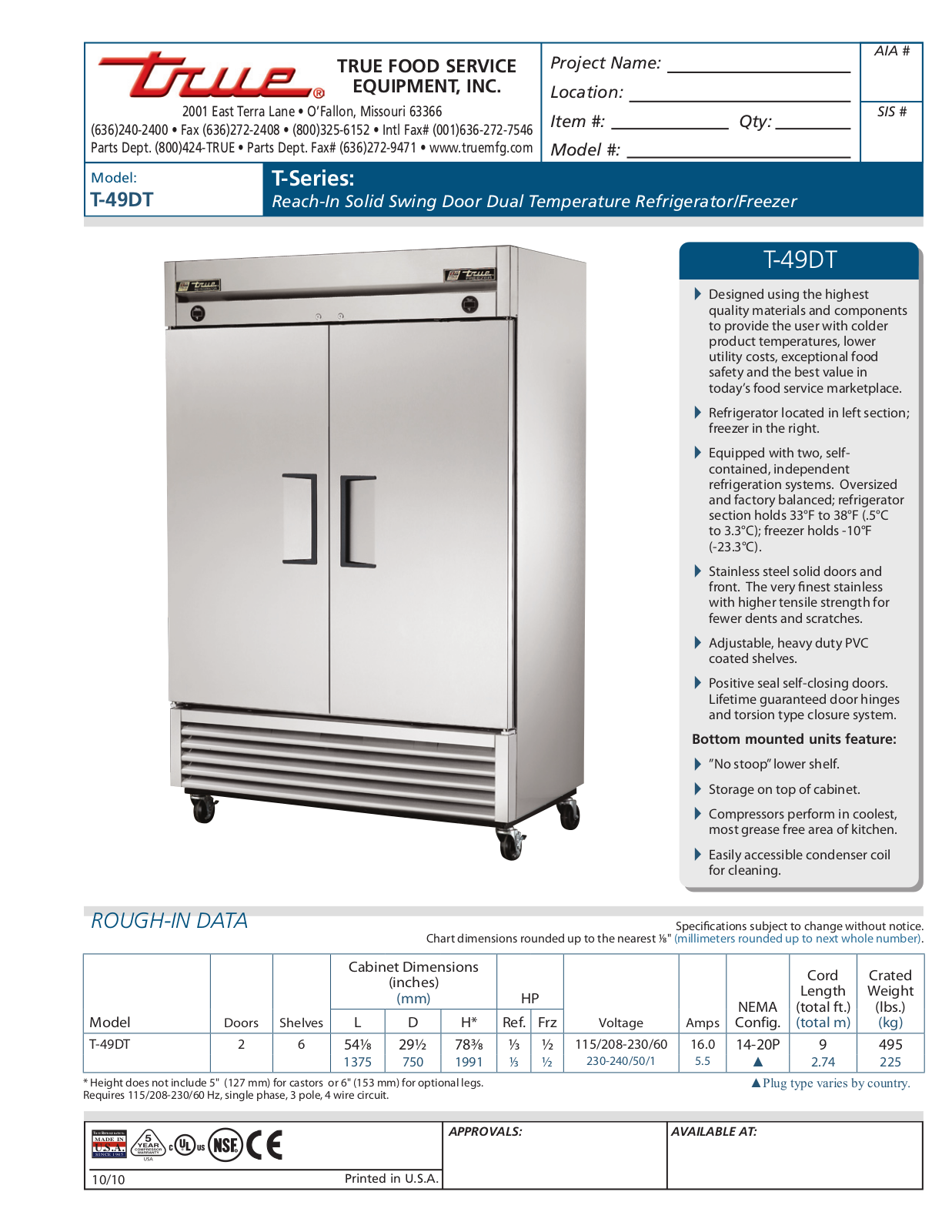 True T-49DT Specifications