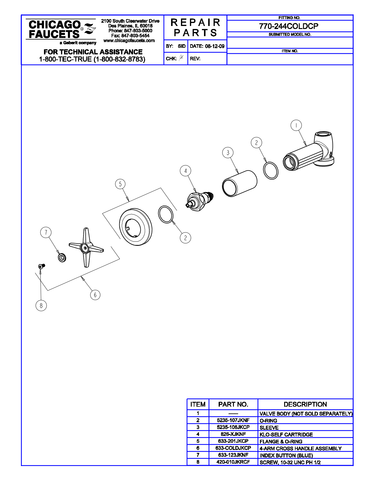 Chicago Faucet 770-244COLDCP Parts List