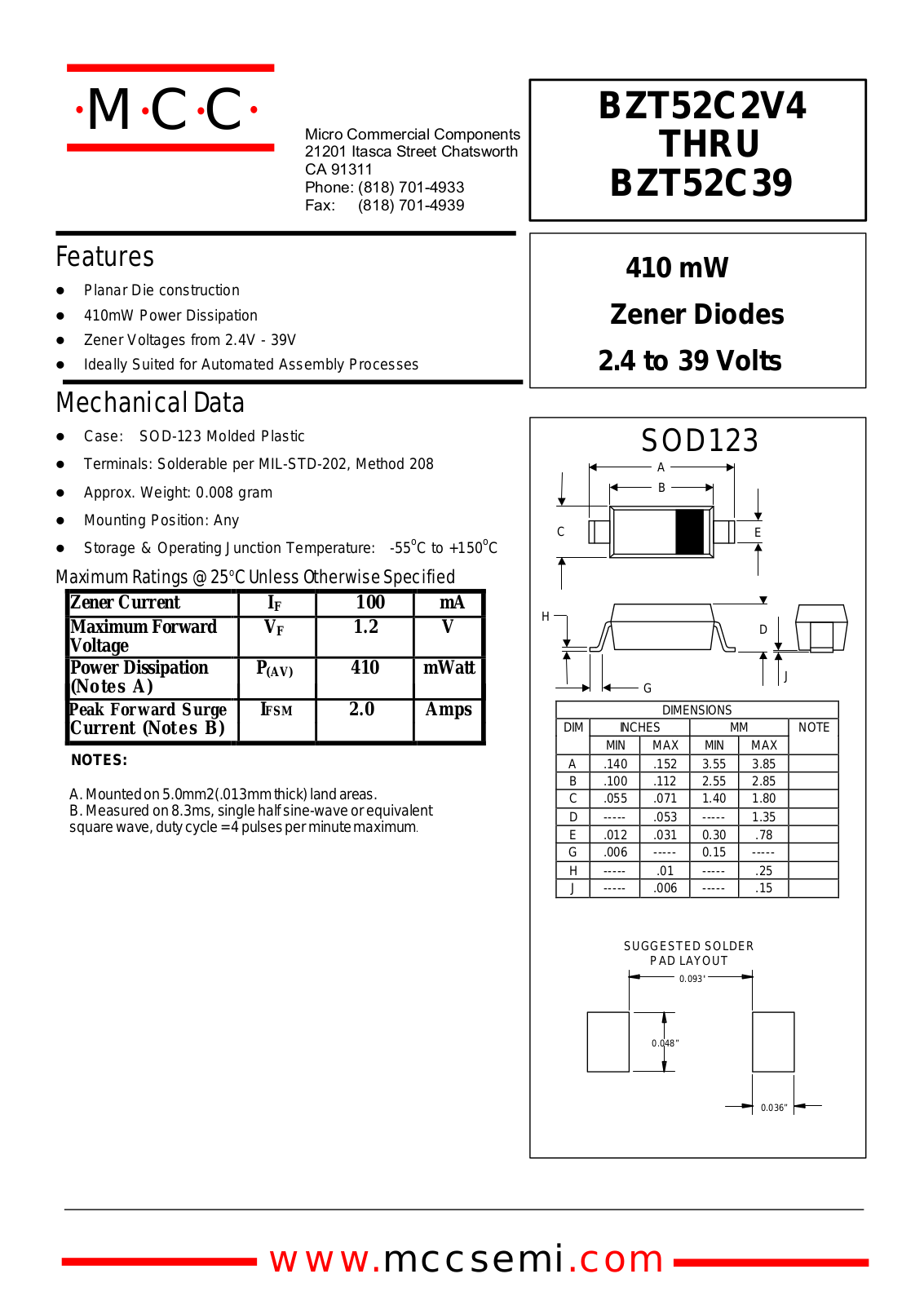 MCC BZT52C39, BZT52C33, BZT52C2V4, BZT52C27, BZT52C9V1 Datasheet