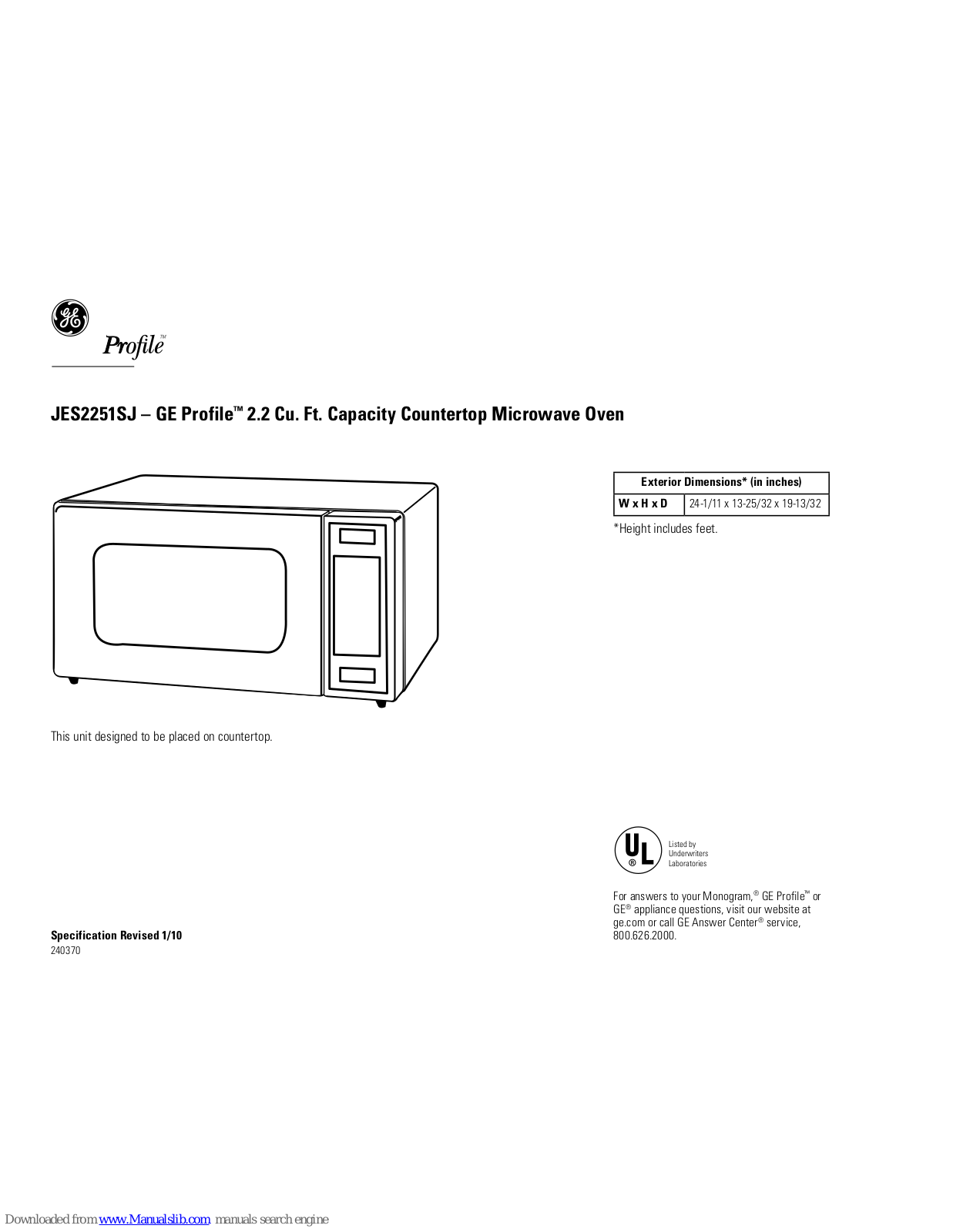 GE JES2251SJSS, JES2251SJ - 2.2 CF Countertop Microwave XL LG Capacity Datasheet