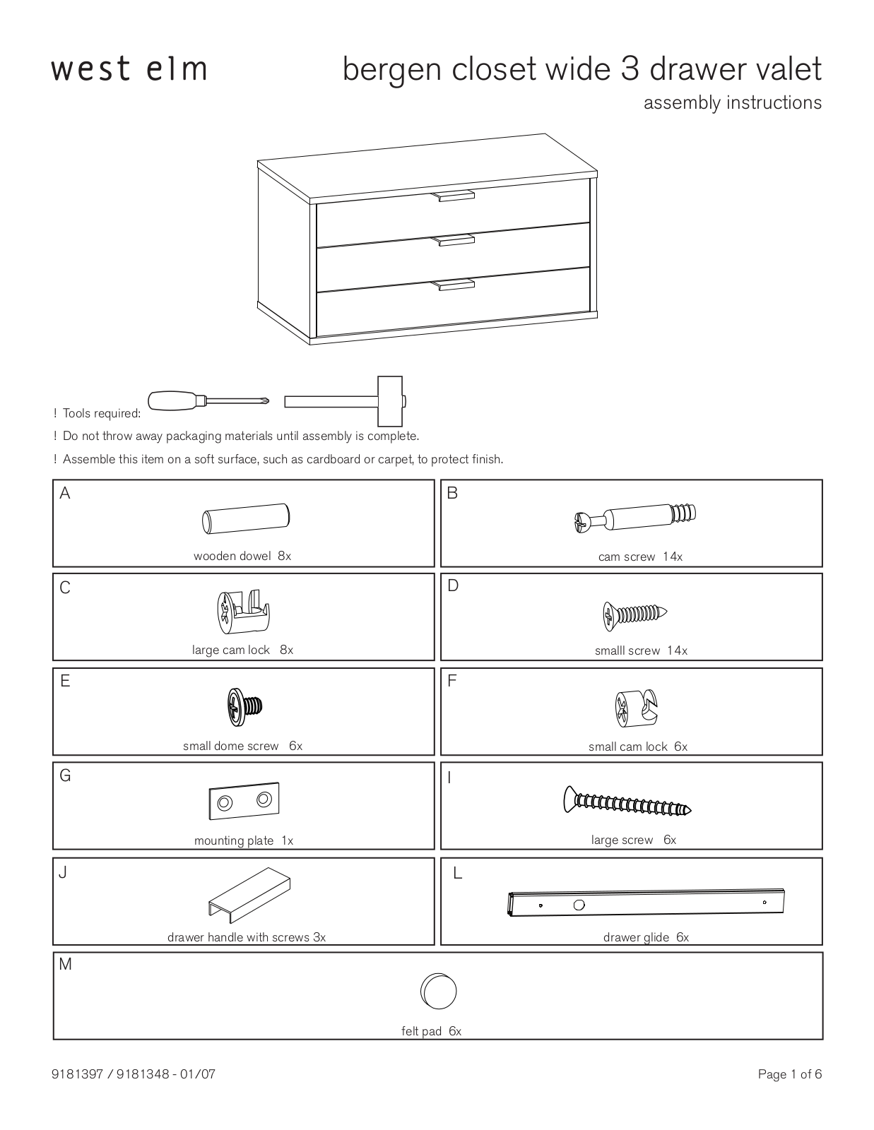 West Elm Bergen closet 3 drawer valet Assembly Instruction