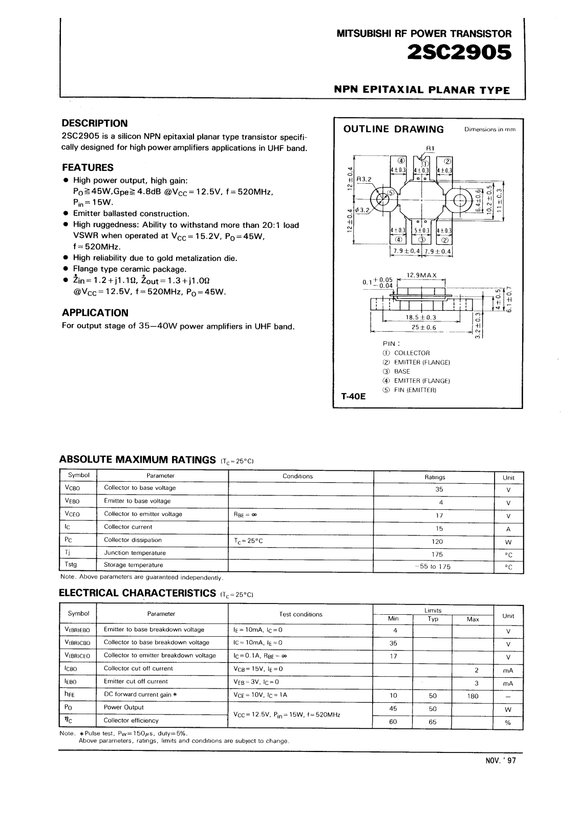 Mitsubishi Electric Corporation Semiconductor Group 2SC2905 Datasheet