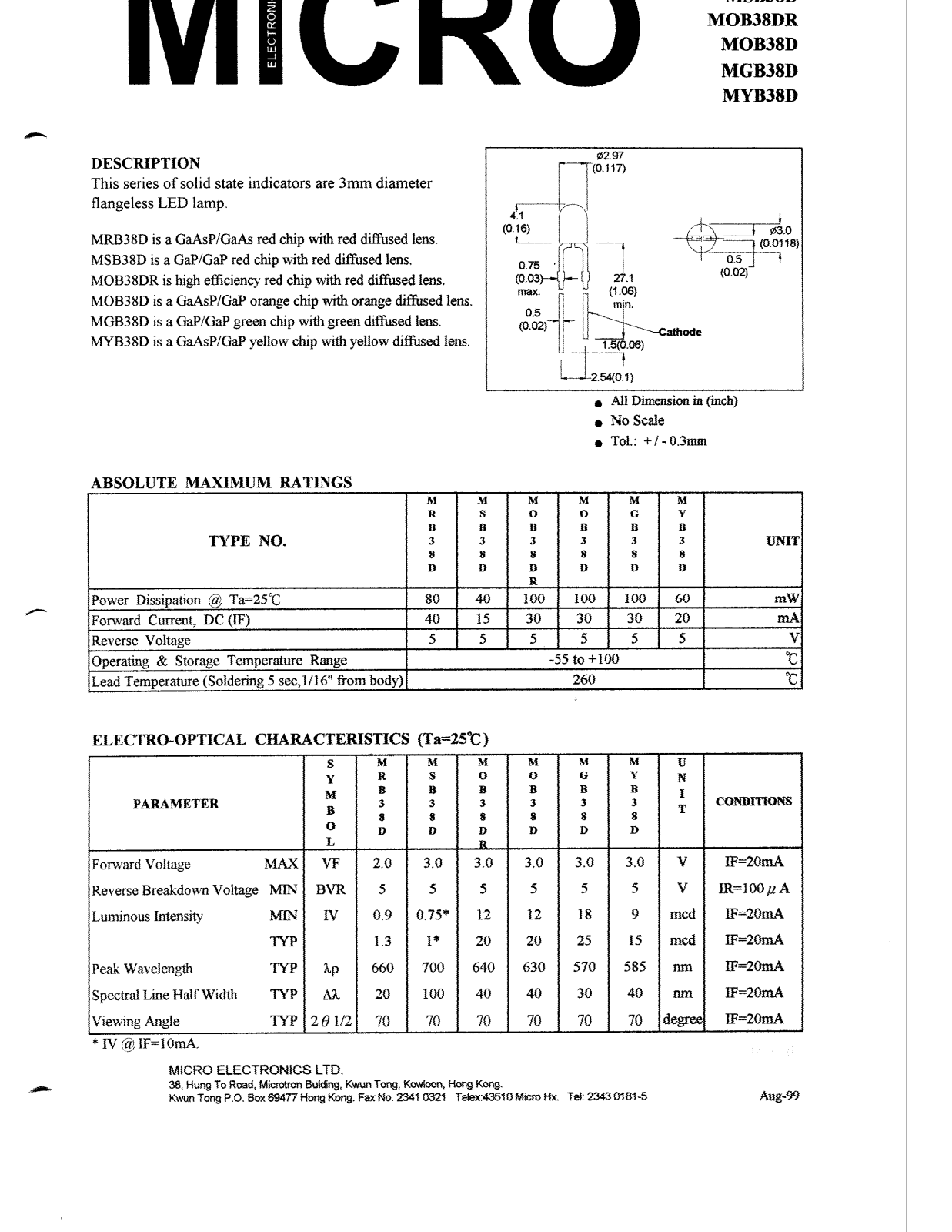 MICRO MSB38D, MOB38DR, MGB38D, MYB38D, MRB38D Datasheet